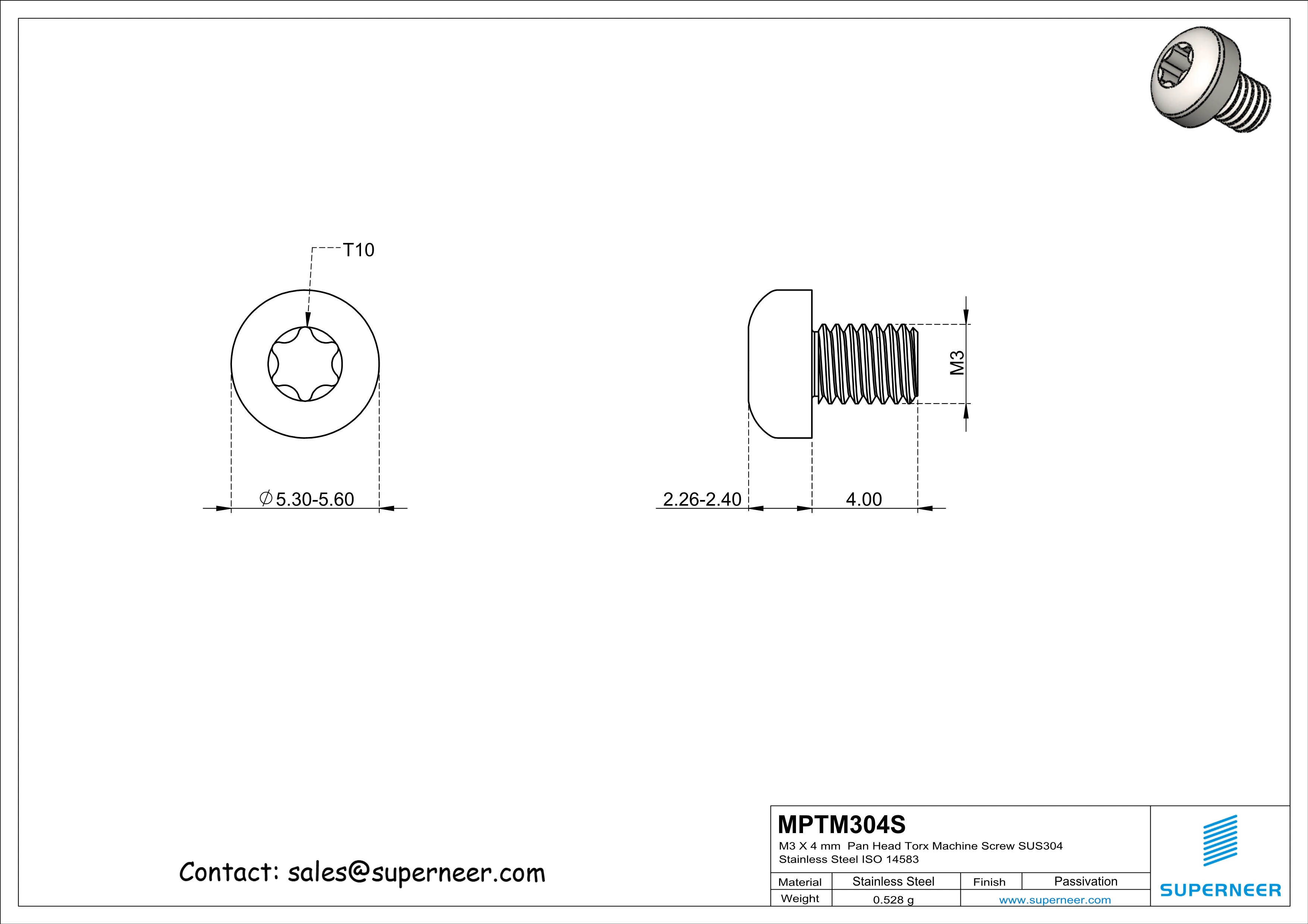 M3 x 4 mm  Pan Head Torx Machine Screw SUS304 Stainless Steel Inox ISO 14583