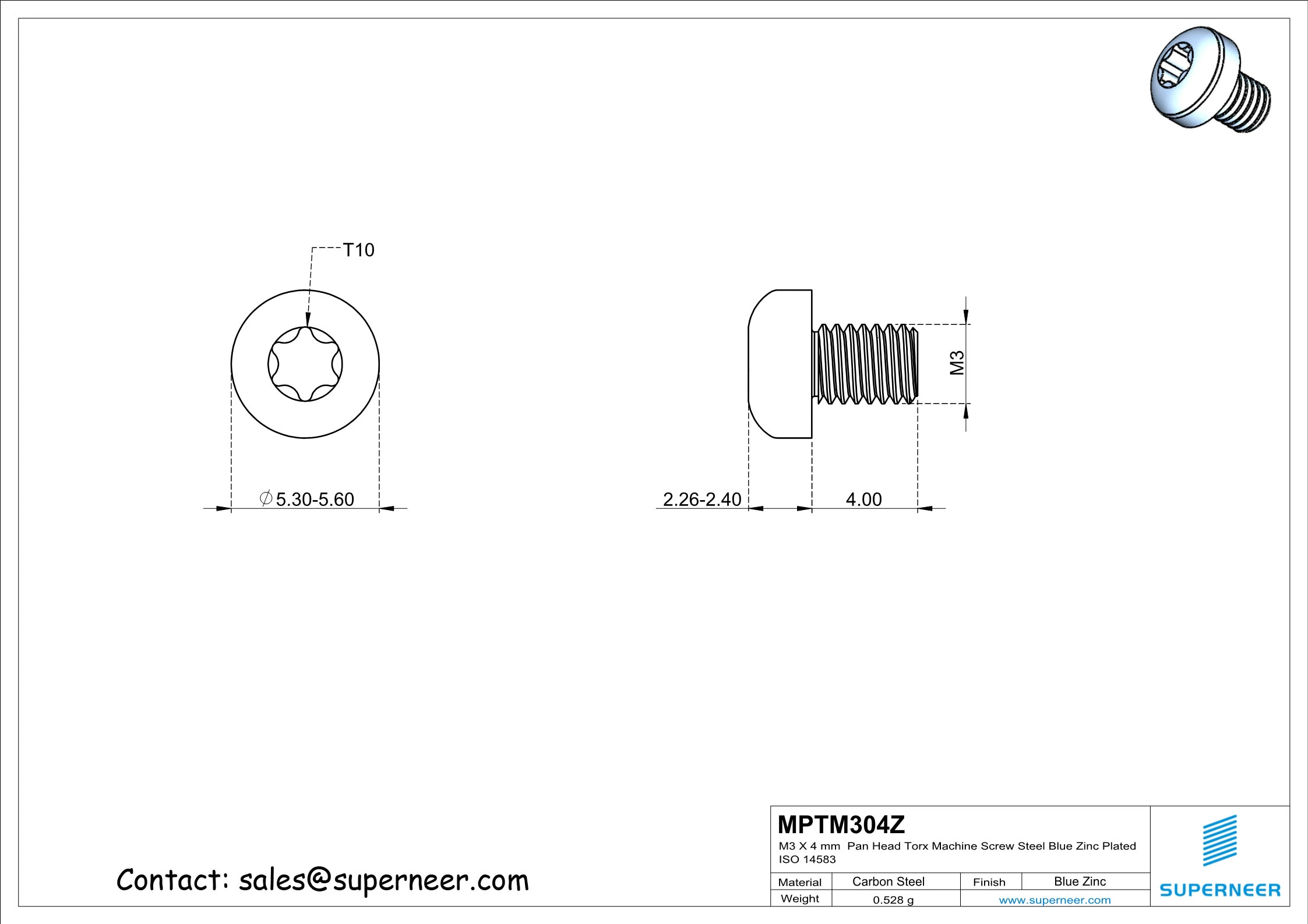 M3 x 4 mm Pan Head Torx Machine Screw Steel Blue Zinc Plated ISO 14583