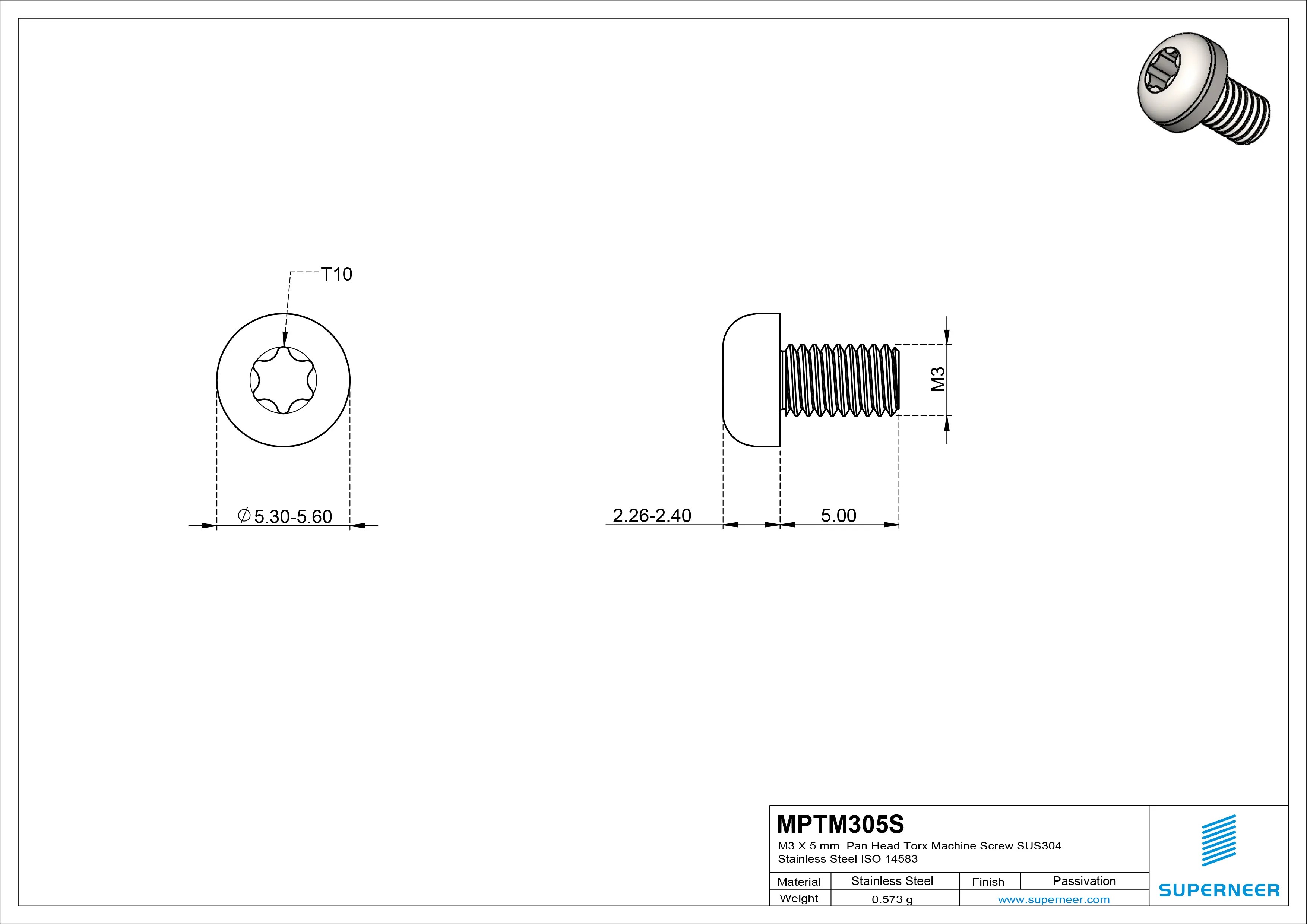 M3 x 5 mm  Pan Head Torx Machine Screw SUS304 Stainless Steel Inox ISO 14583