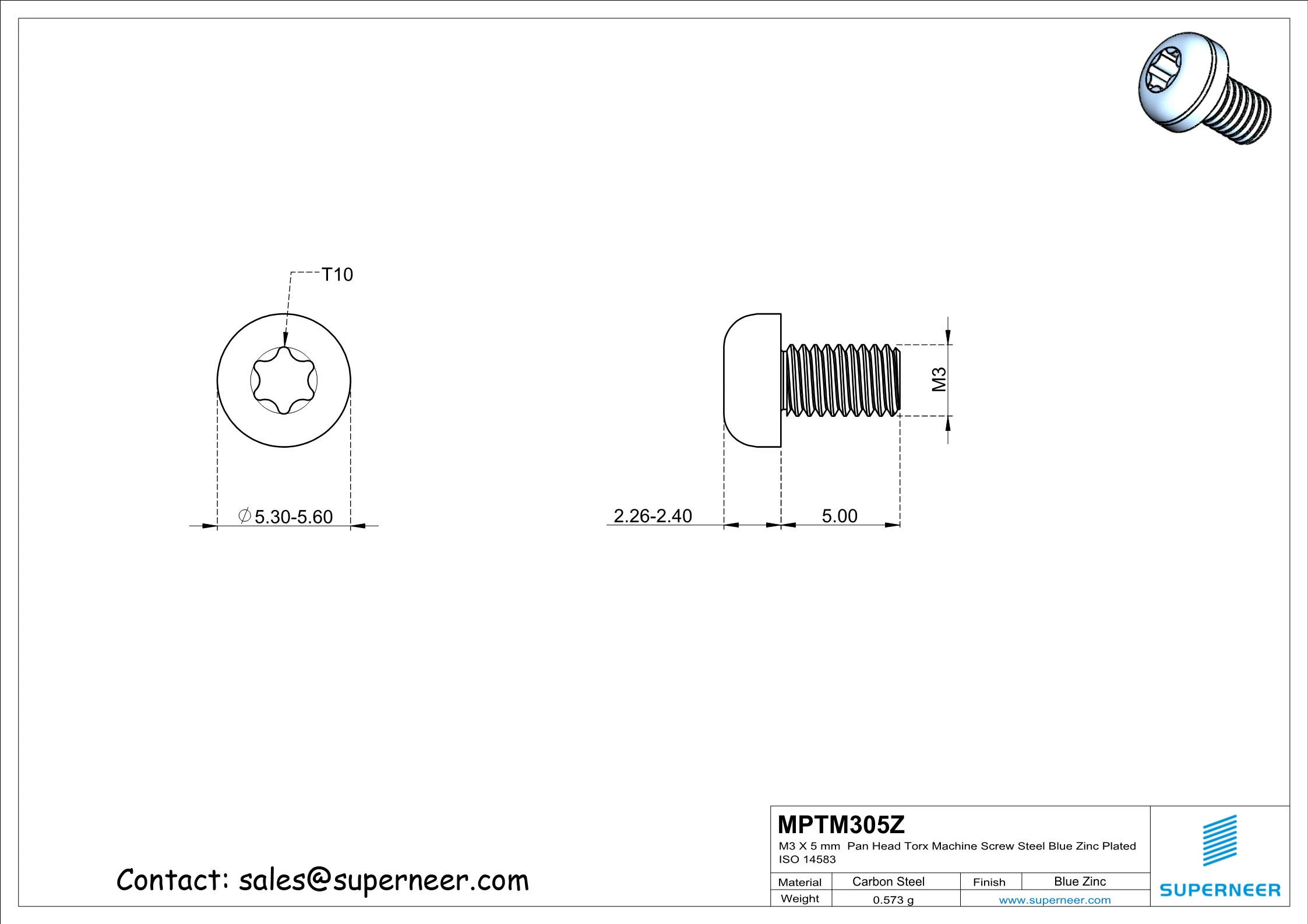 M3 x 5 mm Pan Head Torx Machine Screw Steel Blue Zinc Plated ISO 14583