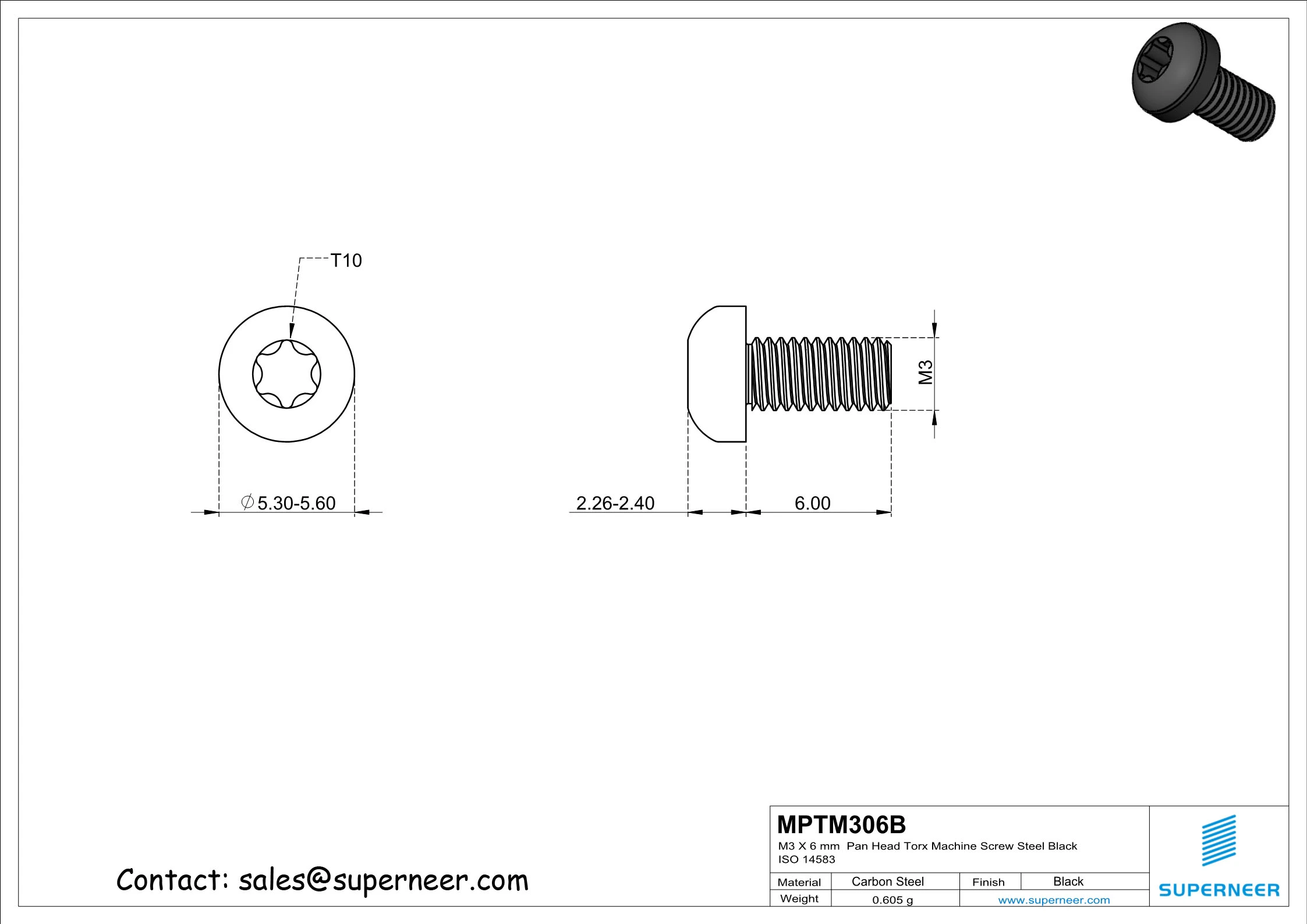 M3 x 6 mm Pan Head Torx Machine Screw Steel Black ISO 14583