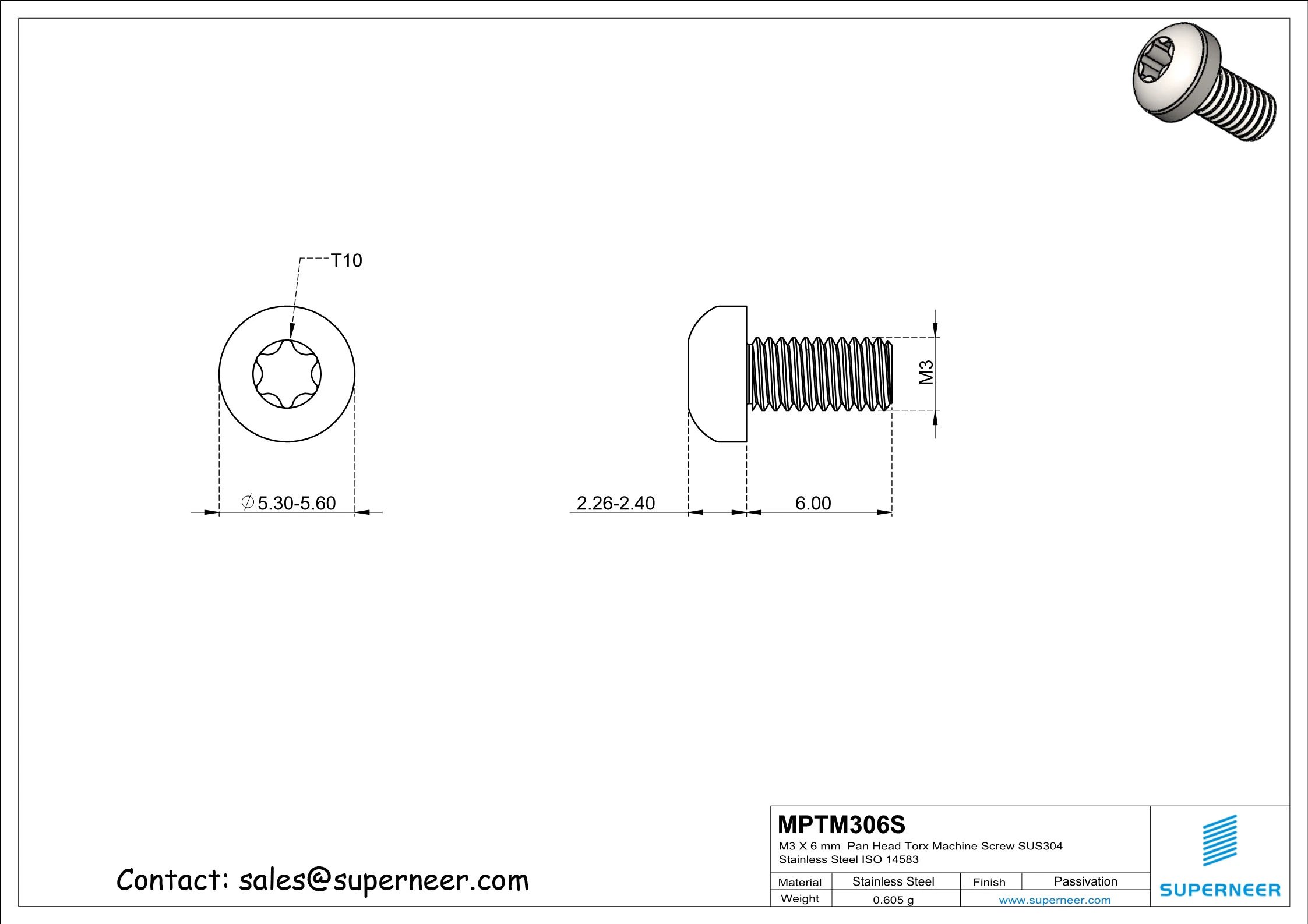 M3 x 6 mm  Pan Head Torx Machine Screw SUS304 Stainless Steel Inox ISO 14583