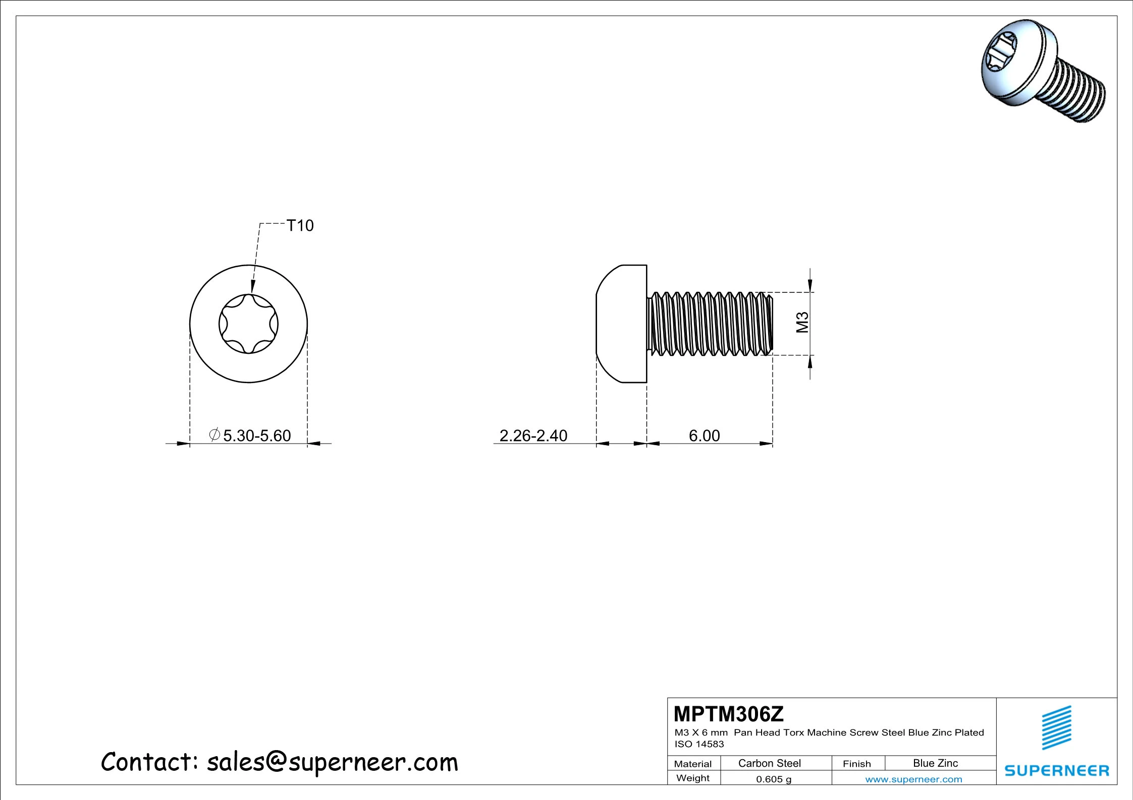 M3 x 6 mm Pan Head Torx Machine Screw Steel Blue Zinc Plated ISO 14583