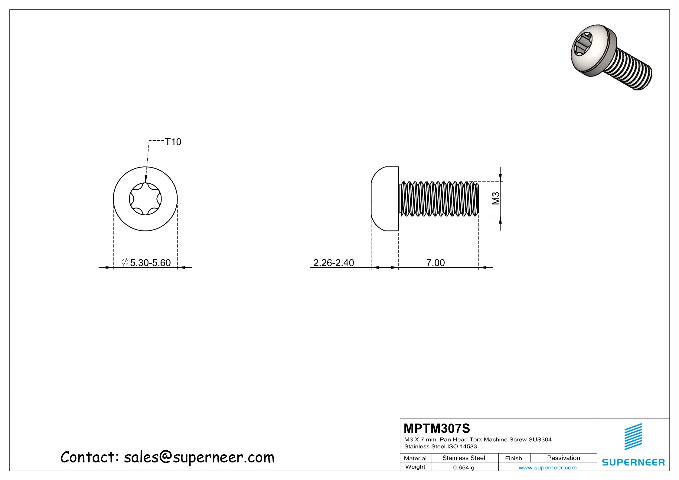 M3 x 7 mm  Pan Head Torx Machine Screw SUS304 Stainless Steel Inox ISO 14583