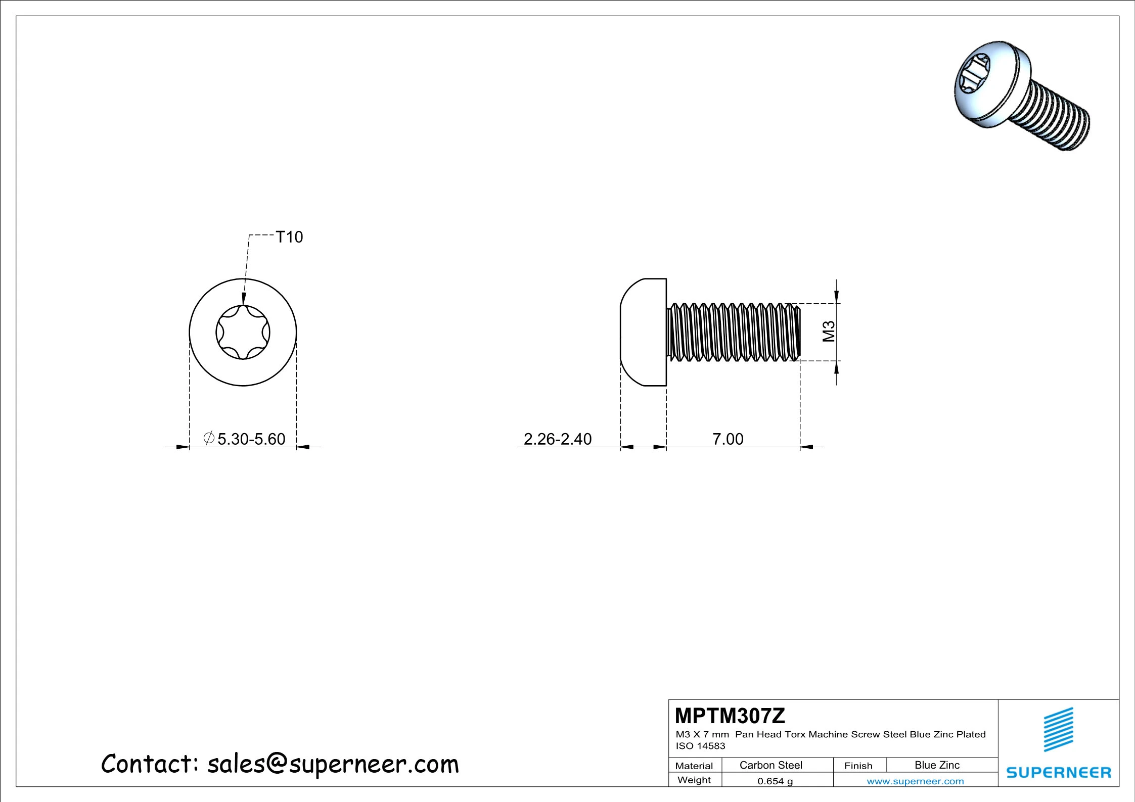 M3 x 7 mm Pan Head Torx Machine Screw Steel Blue Zinc Plated ISO 14583