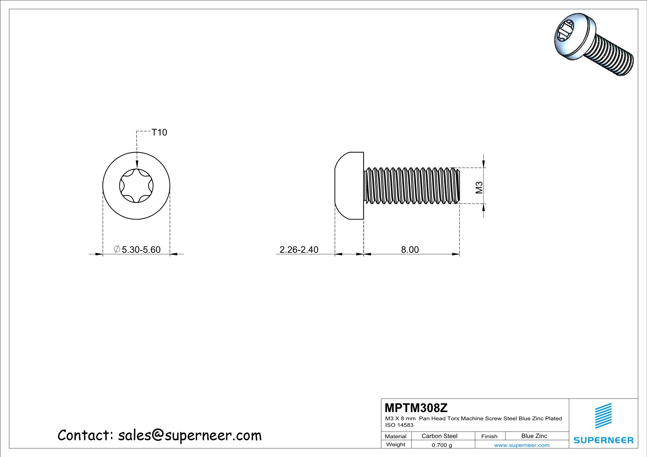 M3 x 8 mm Pan Head Torx Machine Screw Steel Blue Zinc Plated ISO 14583