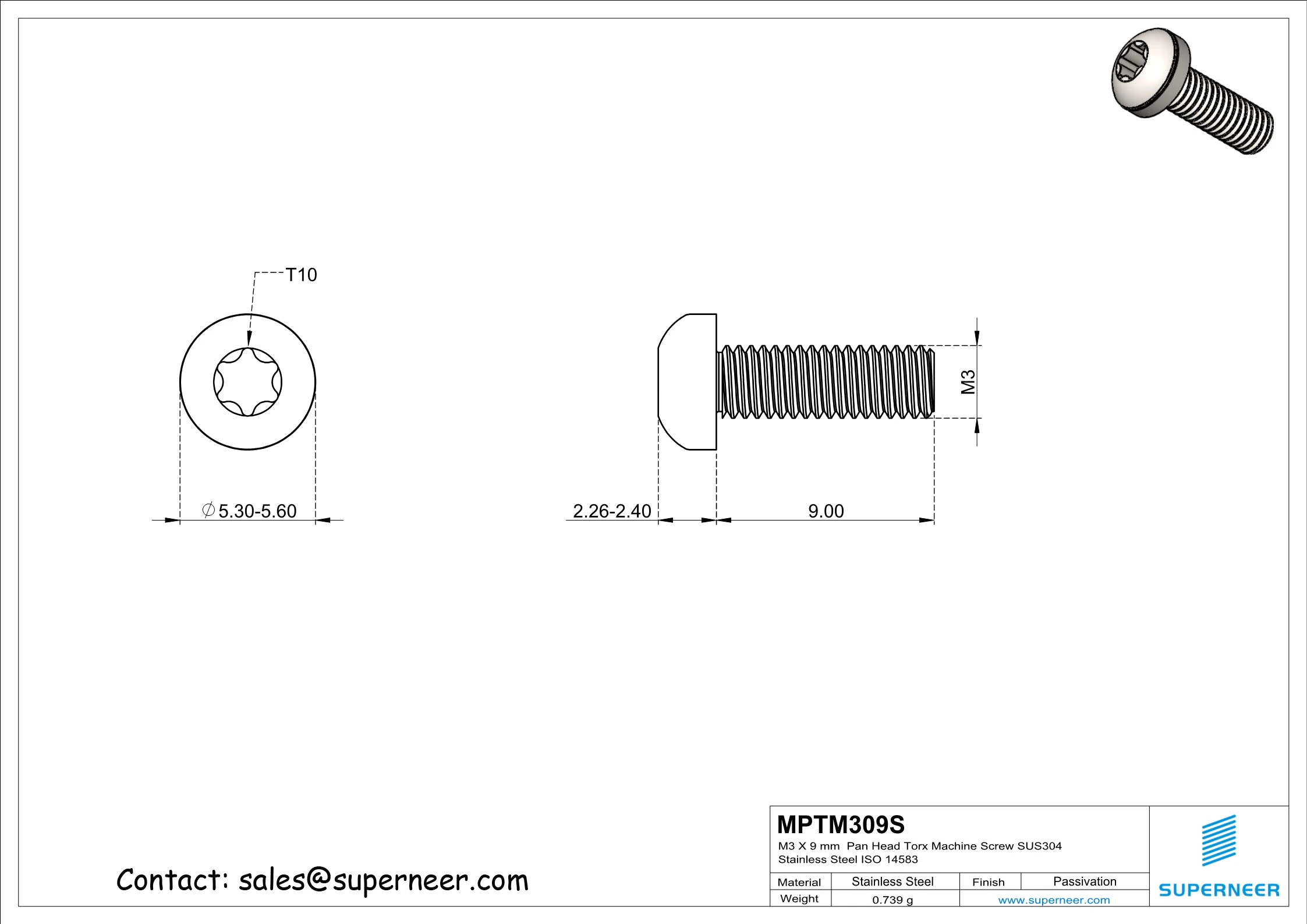 M3 x 9 mm  Pan Head Torx Machine Screw SUS304 Stainless Steel Inox ISO 14583