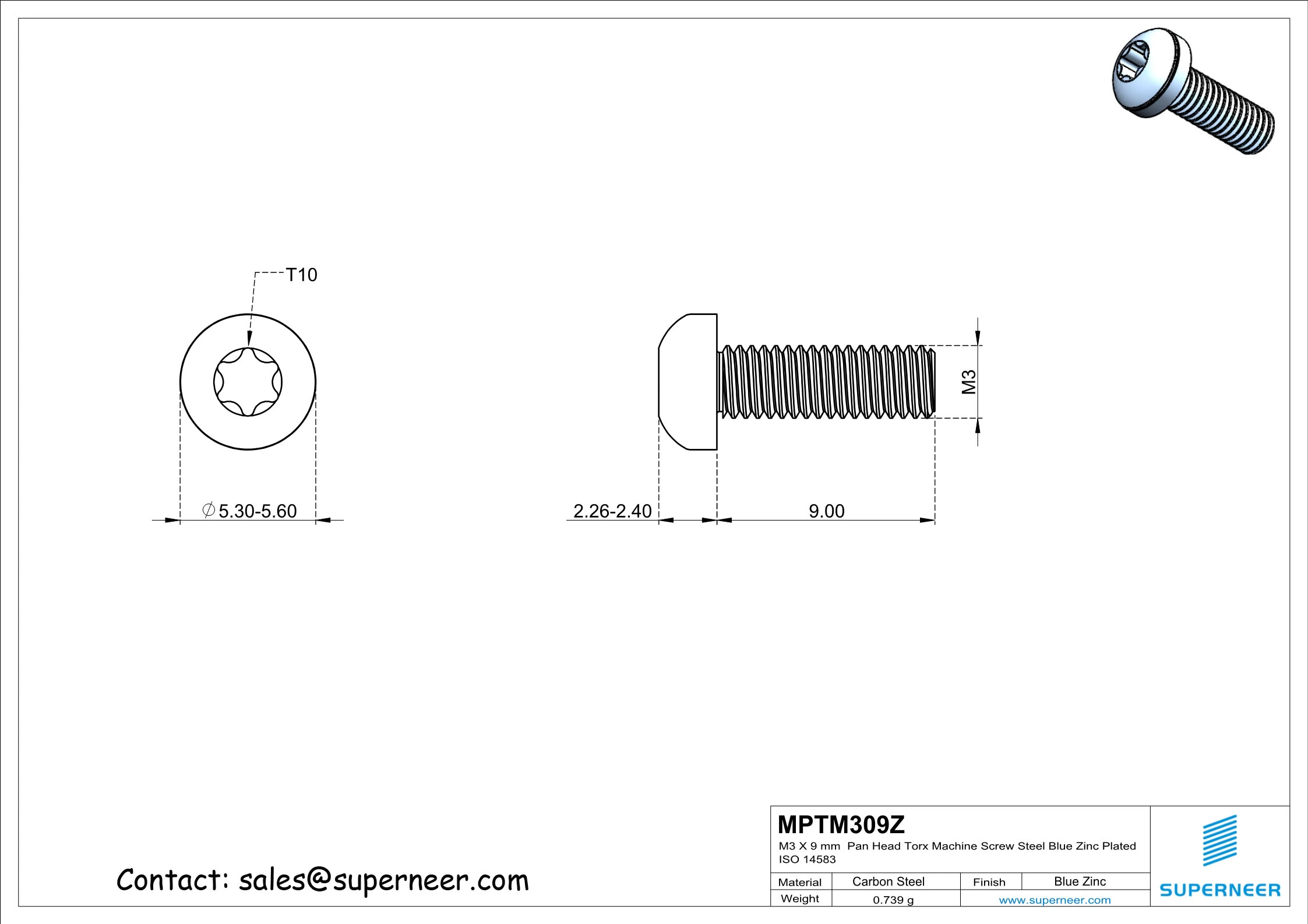 M3 x 9 mm Pan Head Torx Machine Screw Steel Blue Zinc Plated ISO 14583