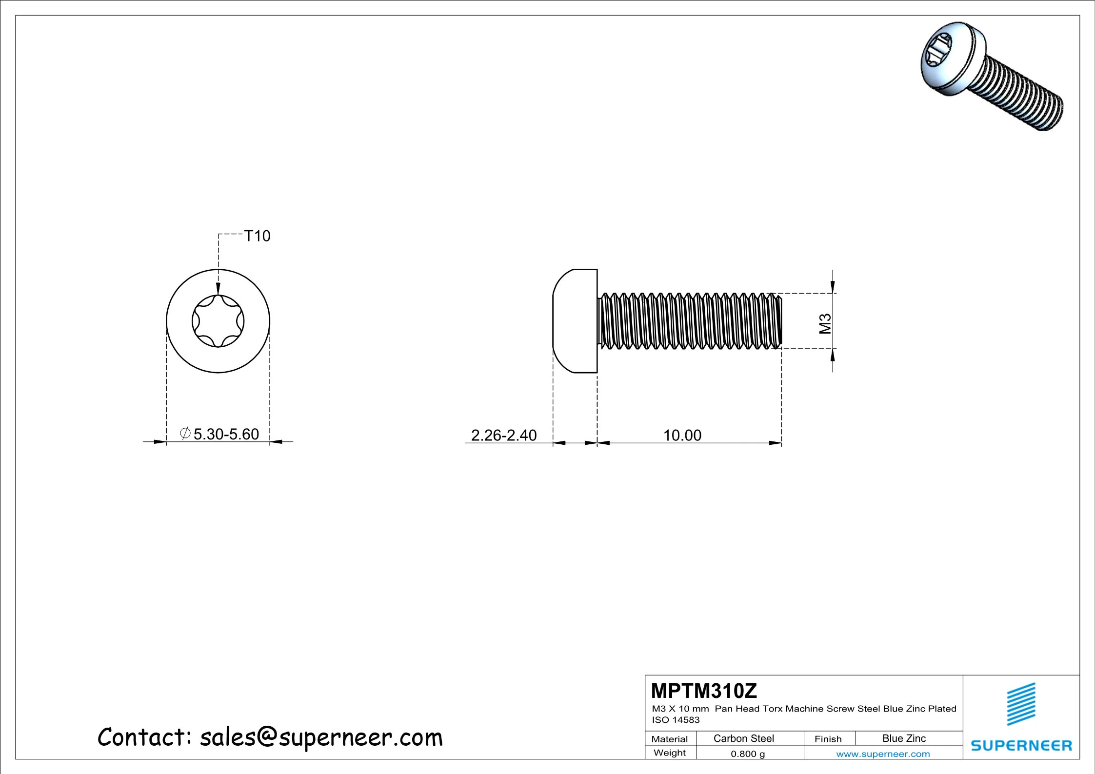 M3 x 10 mm Pan Head Torx Machine Screw Steel Blue Zinc Plated ISO 14583