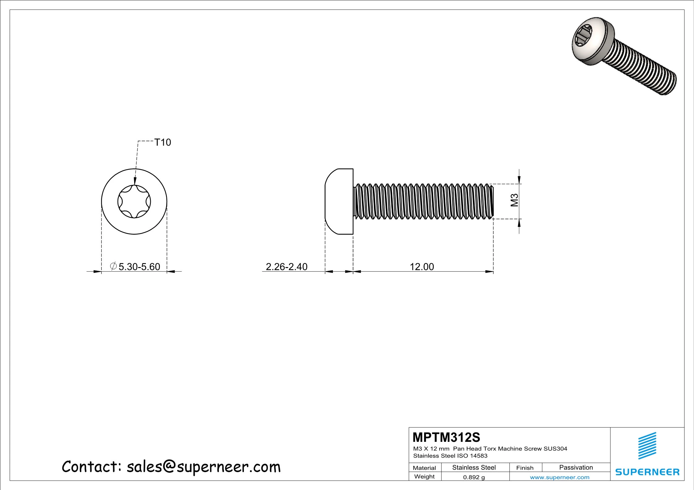 M3 x 12 mm  Pan Head Torx Machine Screw SUS304 Stainless Steel Inox ISO 14583