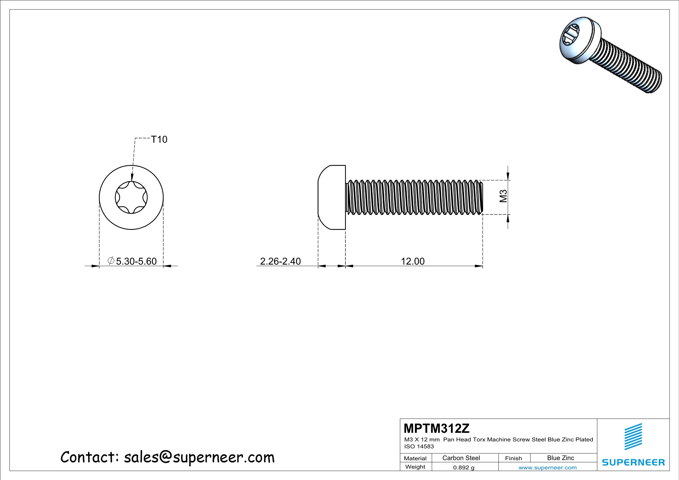 M3 x 12 mm Pan Head Torx Machine Screw Steel Blue Zinc Plated ISO 14583