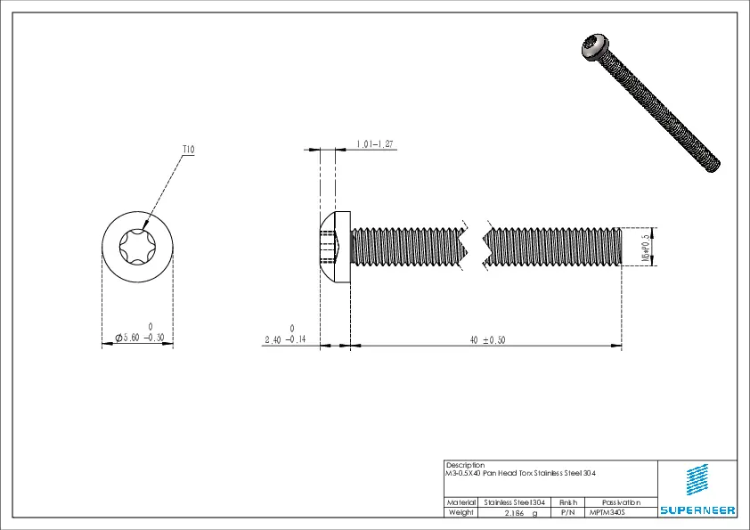 M3 x 40 mm Pan Head Torx Drive Machine Screw SUS304 Stainless Steel Inox