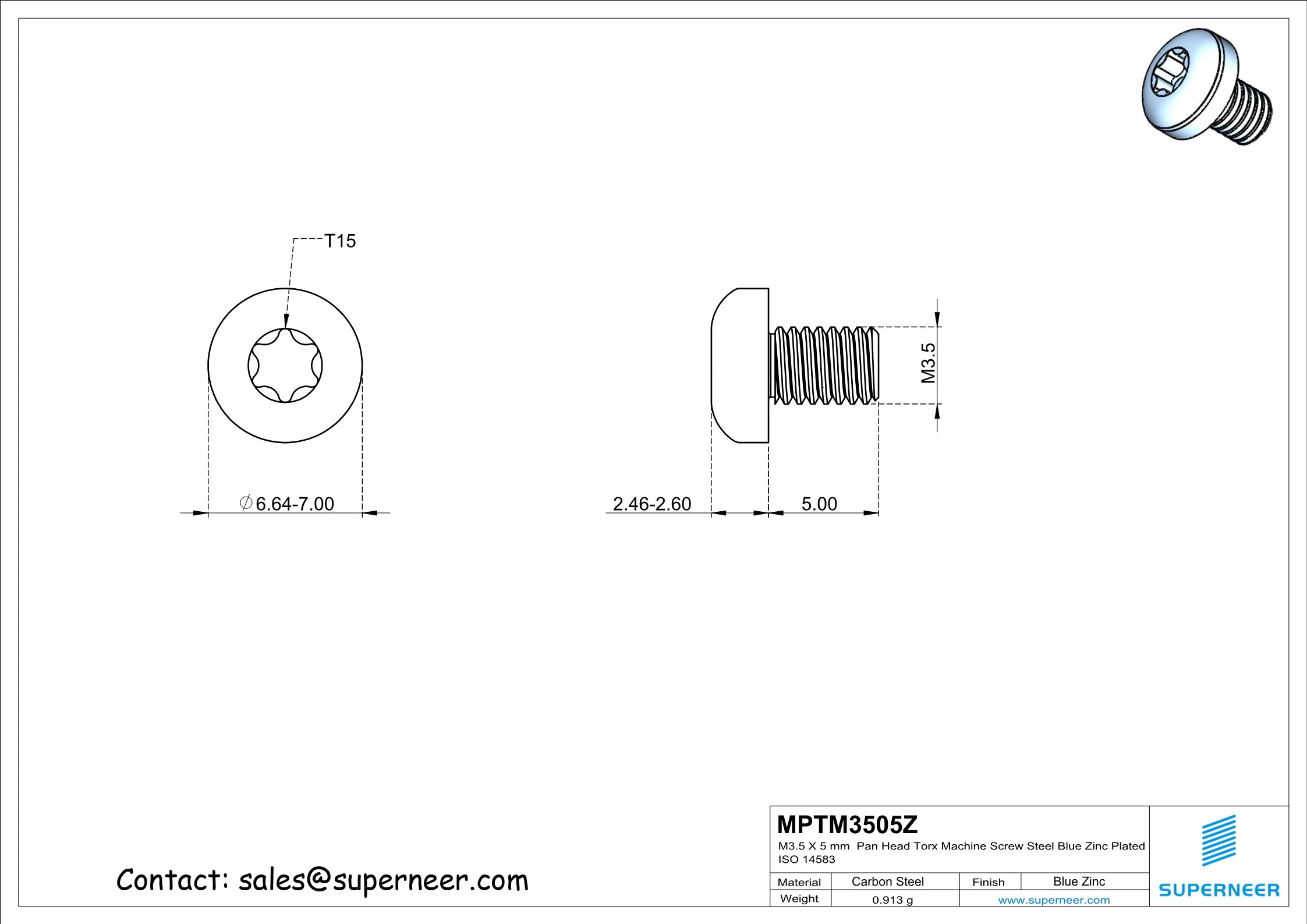 M3.5 x 5 mm Pan Head Torx Machine Screw Steel Blue Zinc Plated ISO 14583