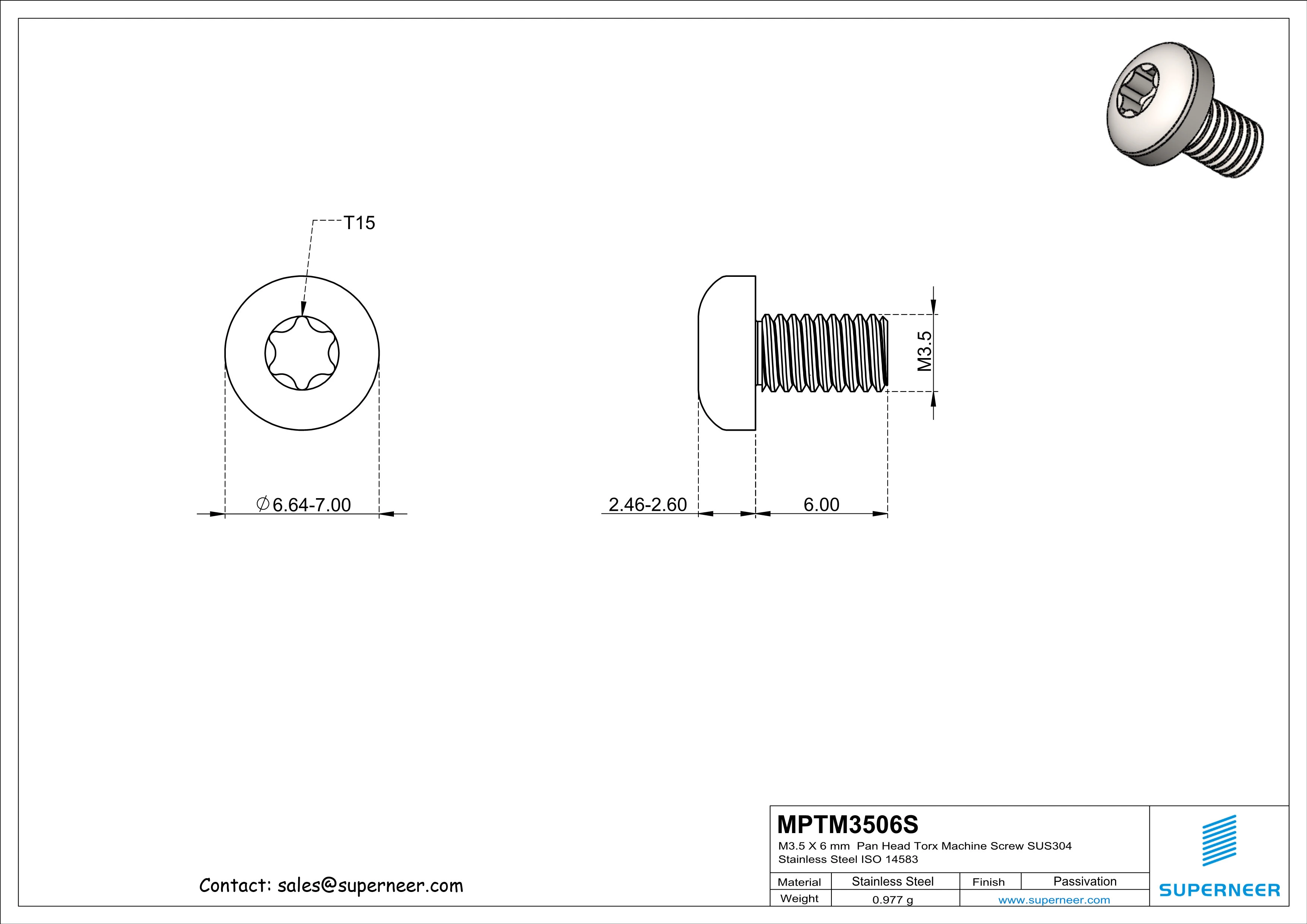 M3.5 x 6 mm  Pan Head Torx Machine Screw SUS304 Stainless Steel Inox ISO 14583