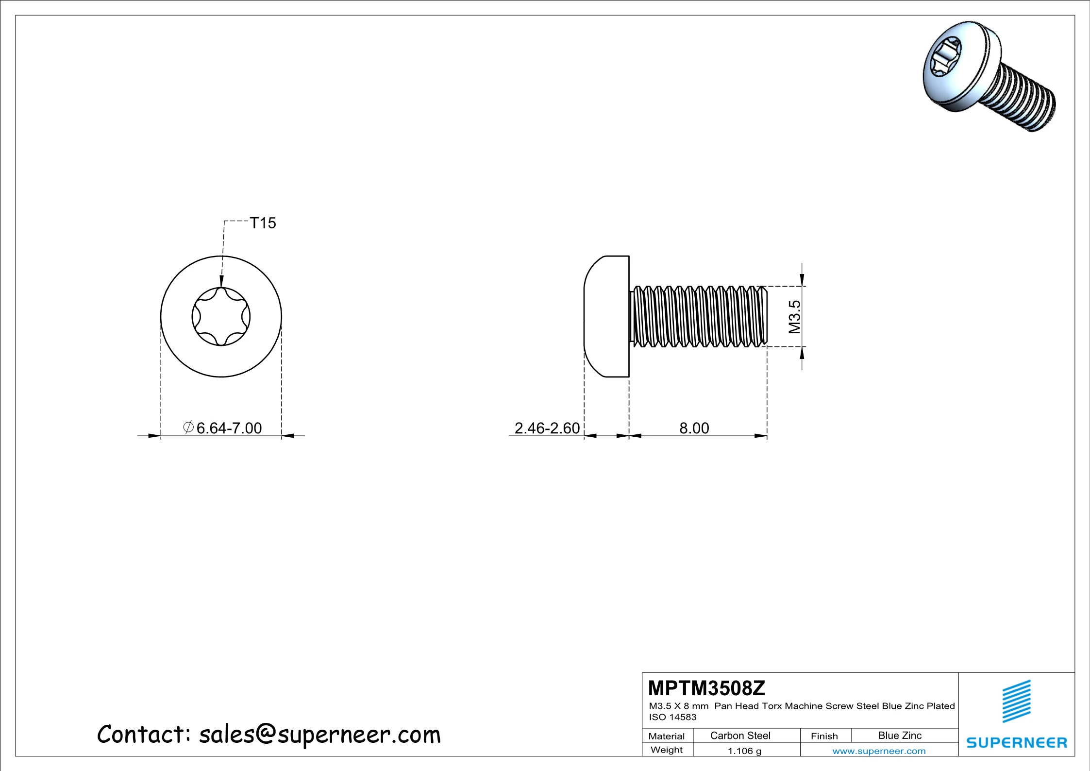 M3.5 x 8 mm Pan Head Torx Machine Screw Steel Blue Zinc Plated ISO 14583