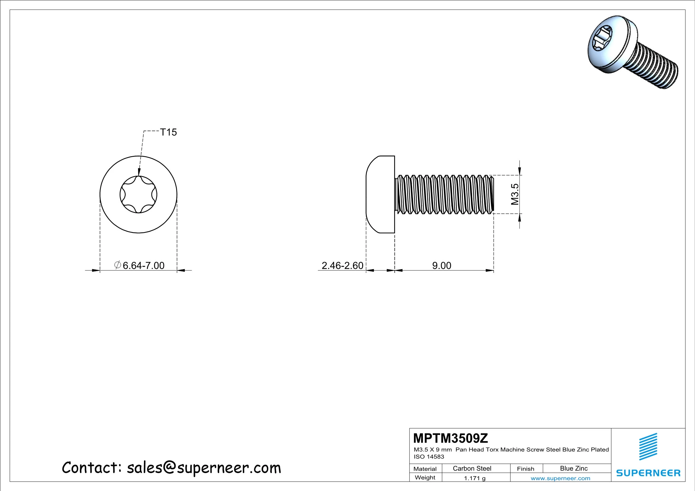 M3.5 x 9 mm Pan Head Torx Machine Screw Steel Blue Zinc Plated ISO 14583