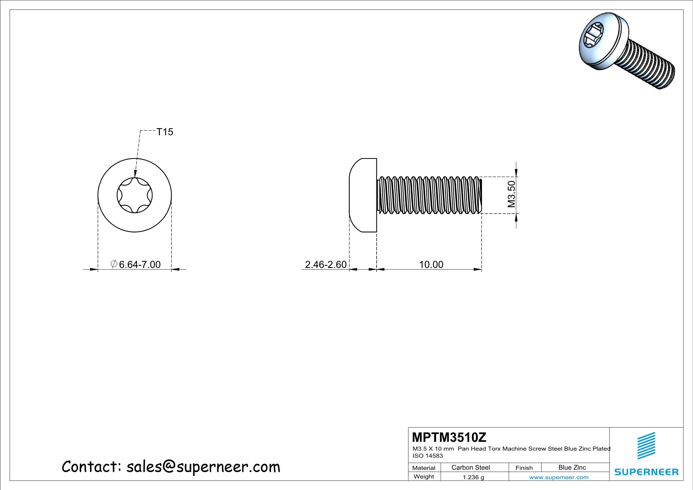 M3.5 x 10 mm Pan Head Torx Machine Screw Steel Blue Zinc Plated ISO 14583