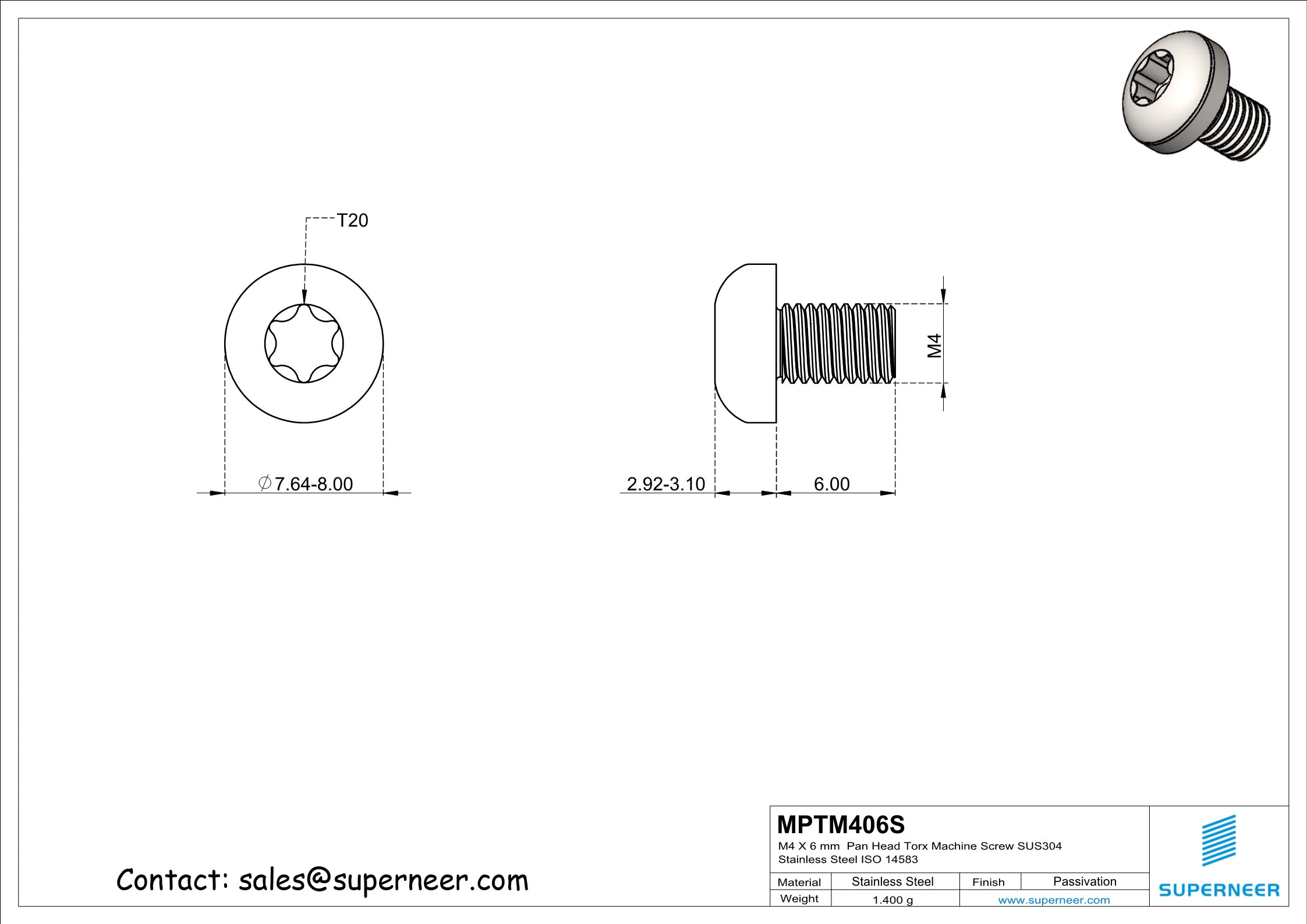 M4 x 6 mm  Pan Head Torx Machine Screw SUS304 Stainless Steel Inox ISO 14583