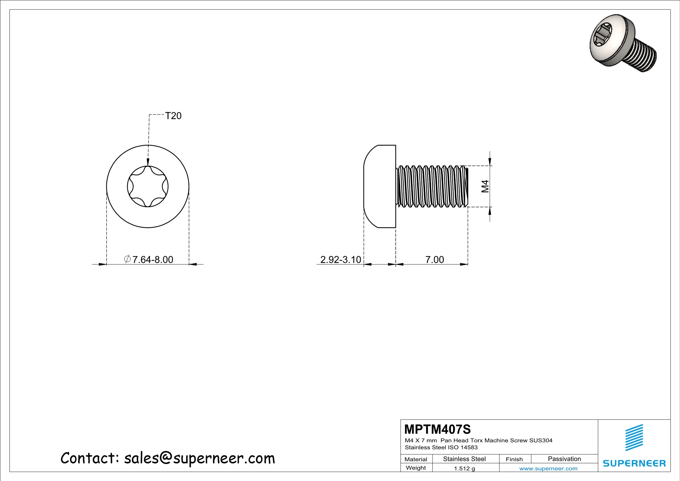 M4 x 7 mm  Pan Head Torx Machine Screw SUS304 Stainless Steel Inox ISO 14583