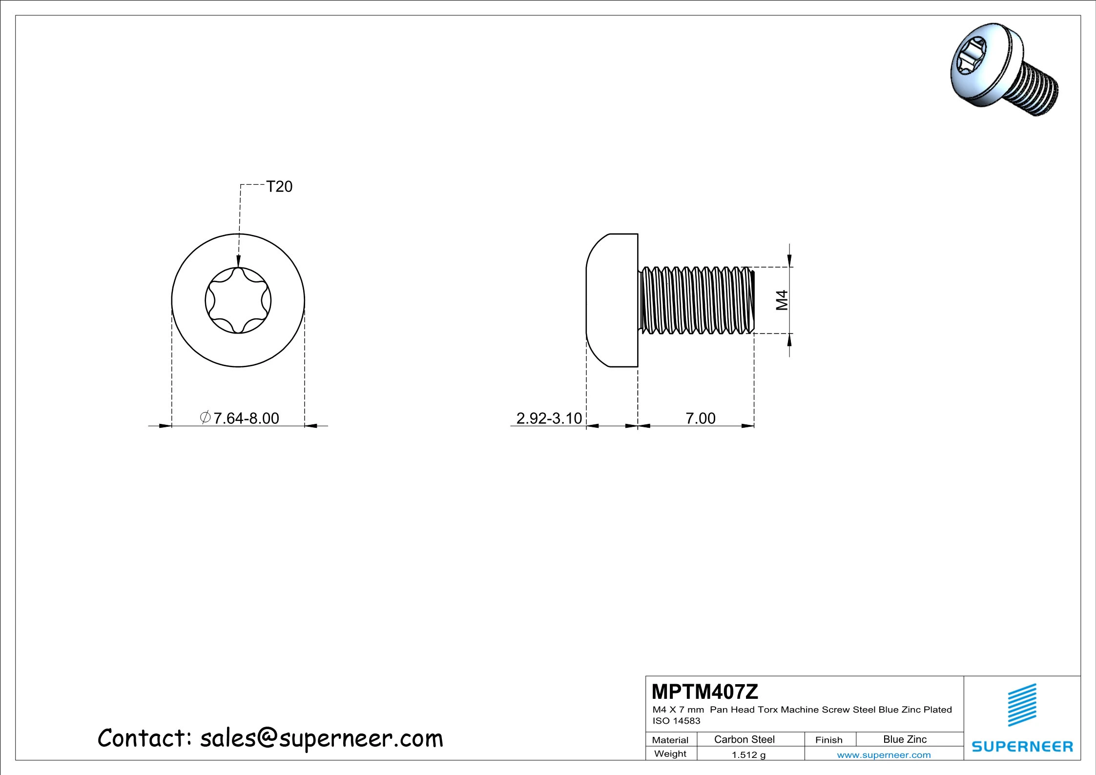 M4 x 7 mm Pan Head Torx Machine Screw Steel Blue Zinc Plated ISO 14583