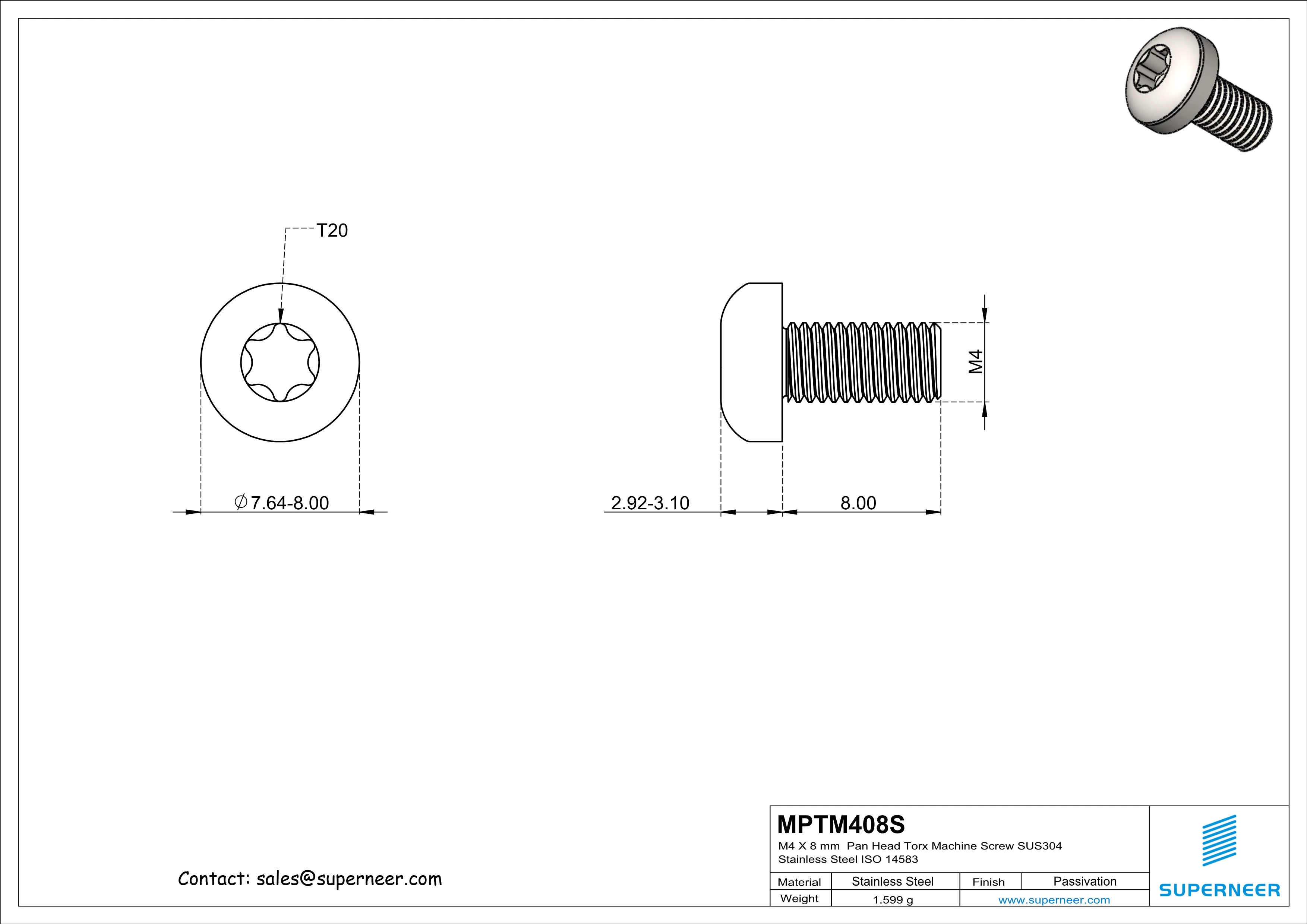 M4 x 8 mm  Pan Head Torx Machine Screw SUS304 Stainless Steel Inox ISO 14583