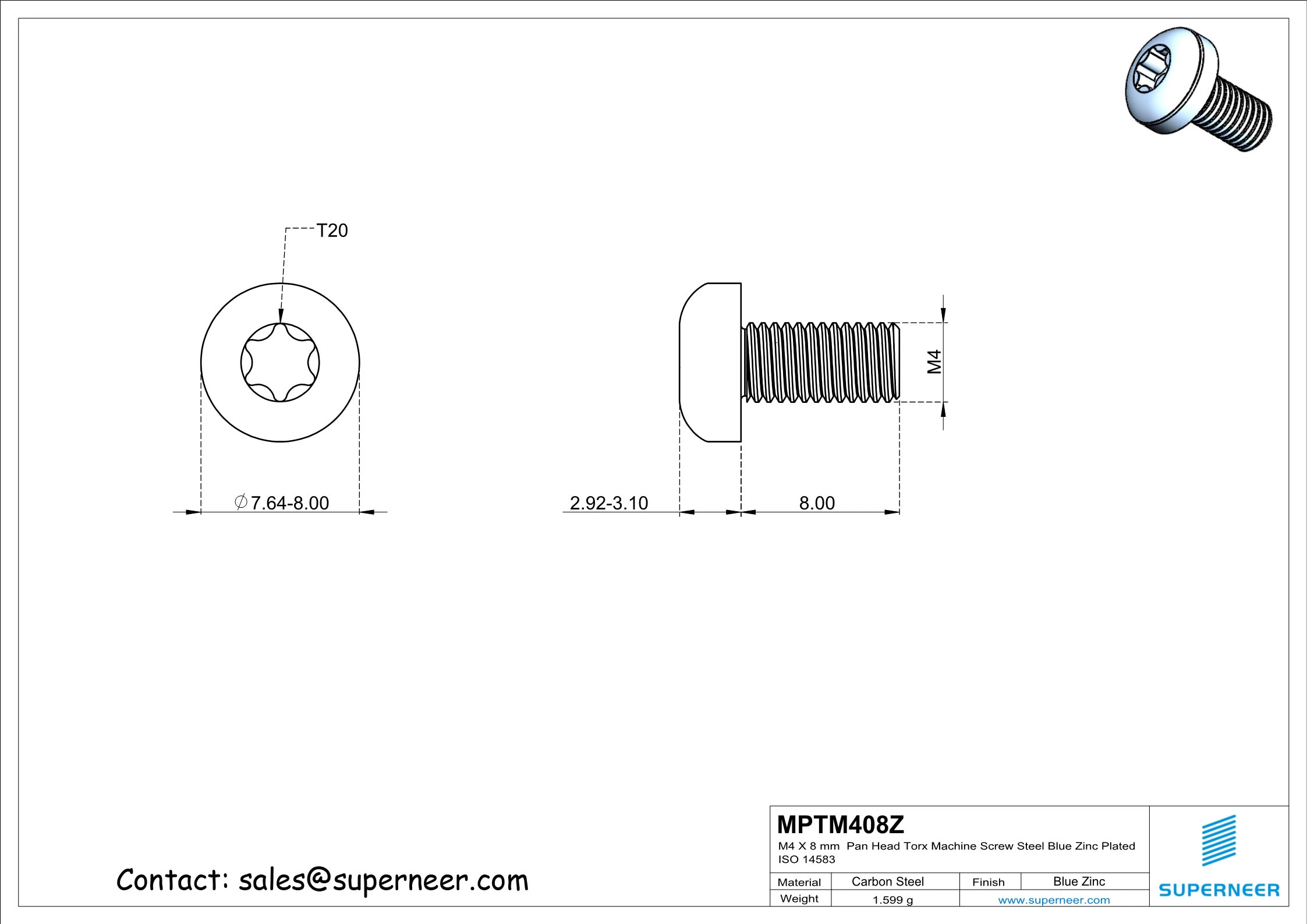 M4 x 8 mm Pan Head Torx Machine Screw Steel Blue Zinc Plated ISO 14583