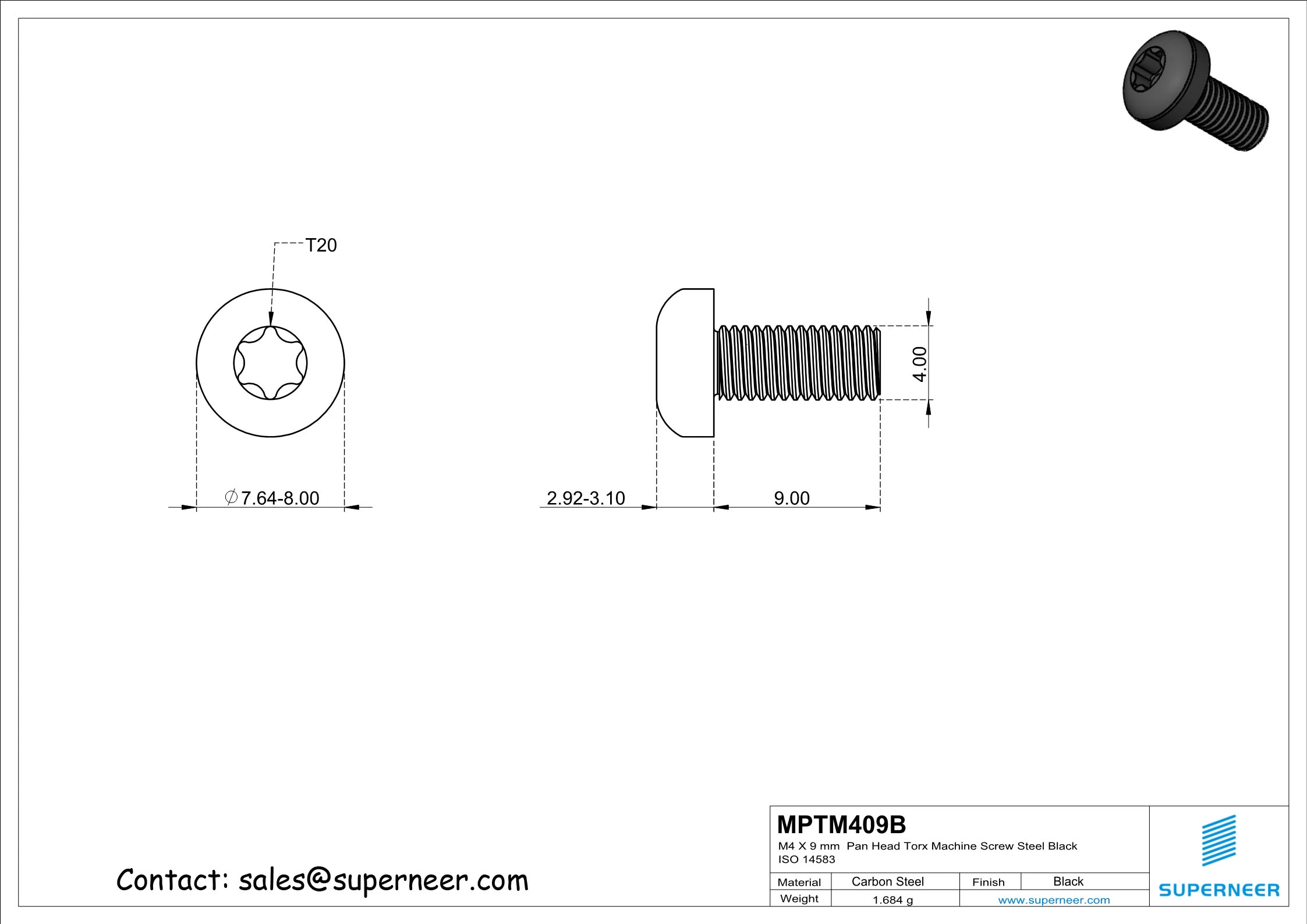 M4 x 9 mm Pan Head Torx Machine Screw Steel Black ISO 14583