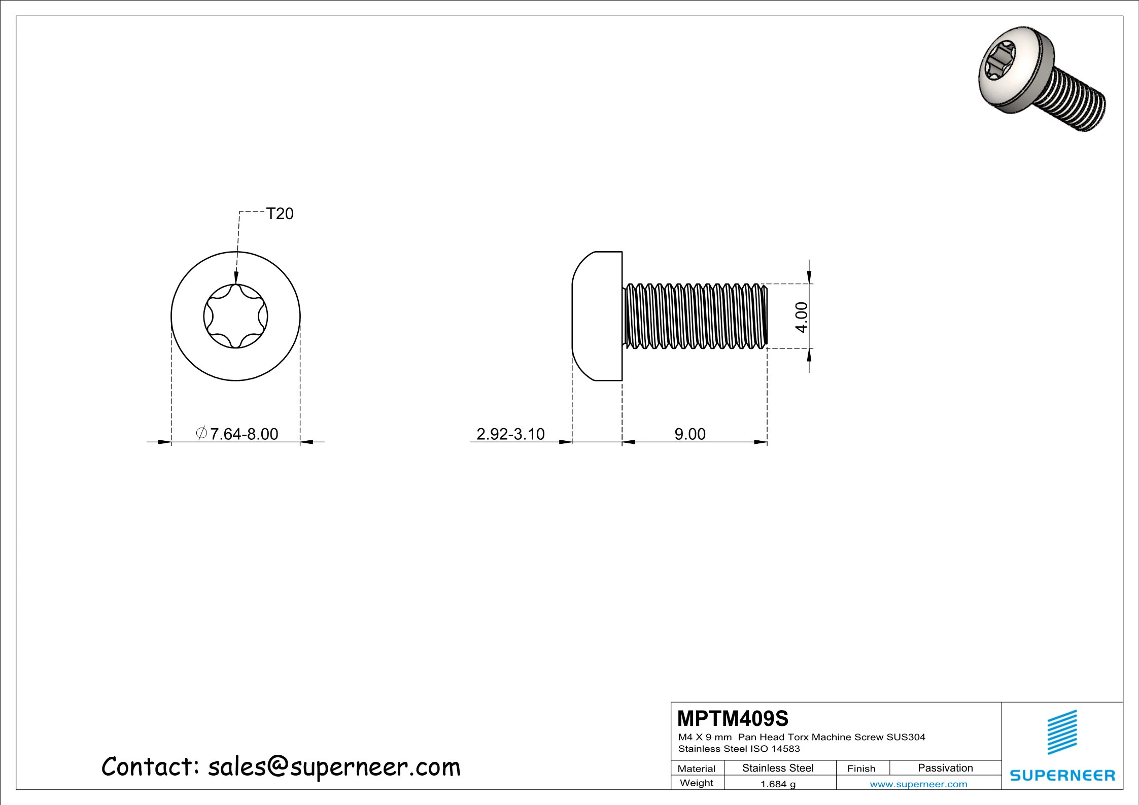 M4 x 9 mm  Pan Head Torx Machine Screw SUS304 Stainless Steel Inox ISO 14583