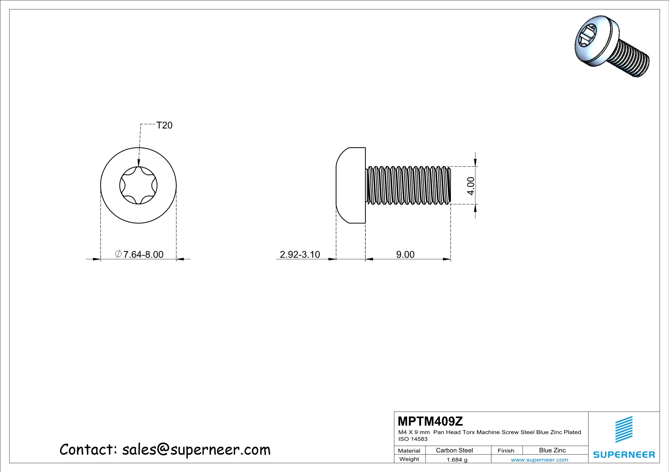 M4 x 9 mm Pan Head Torx Machine Screw Steel Blue Zinc Plated ISO 14583