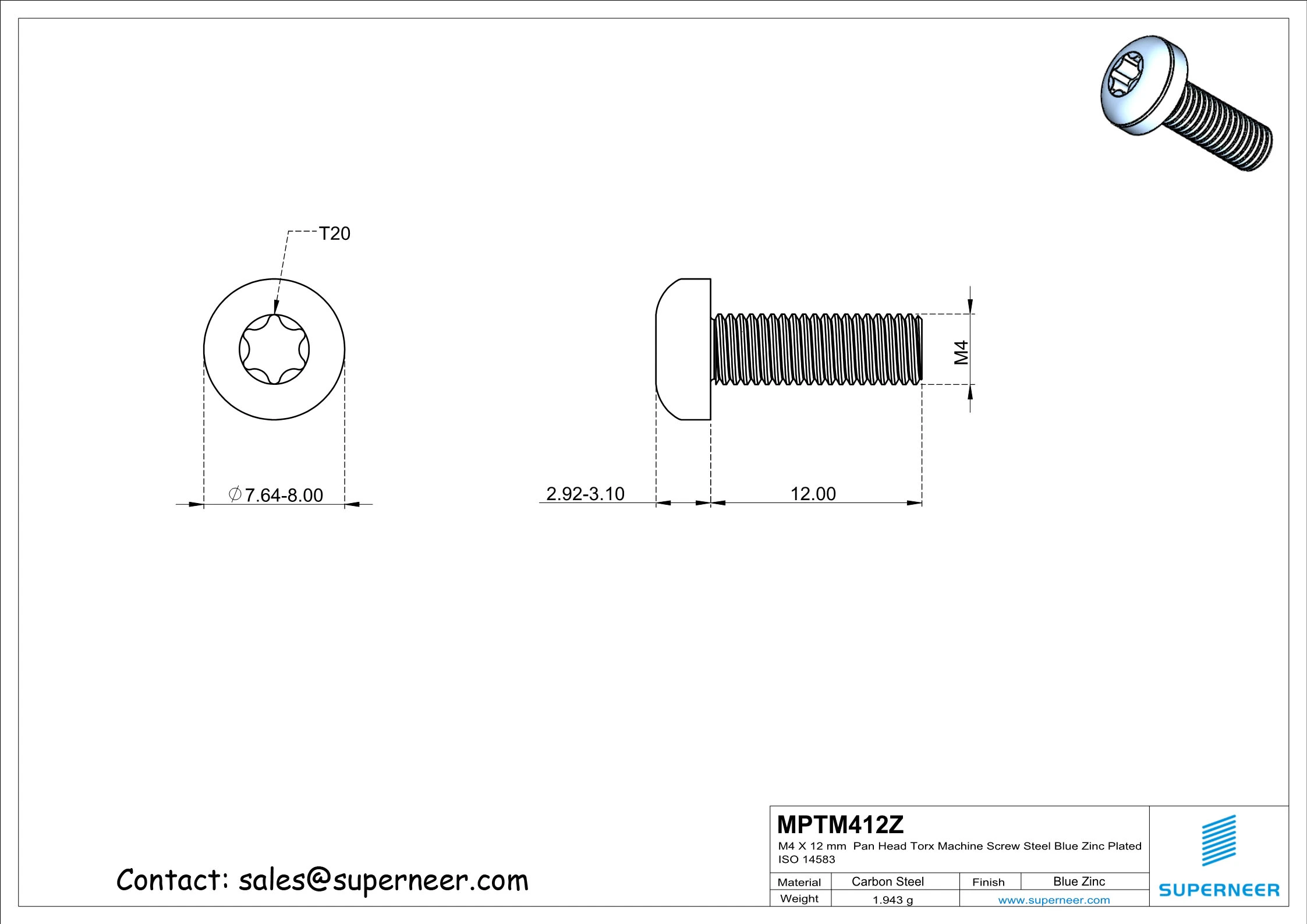 M4 x 12 mm Pan Head Torx Machine Screw Steel Blue Zinc Plated ISO 14583