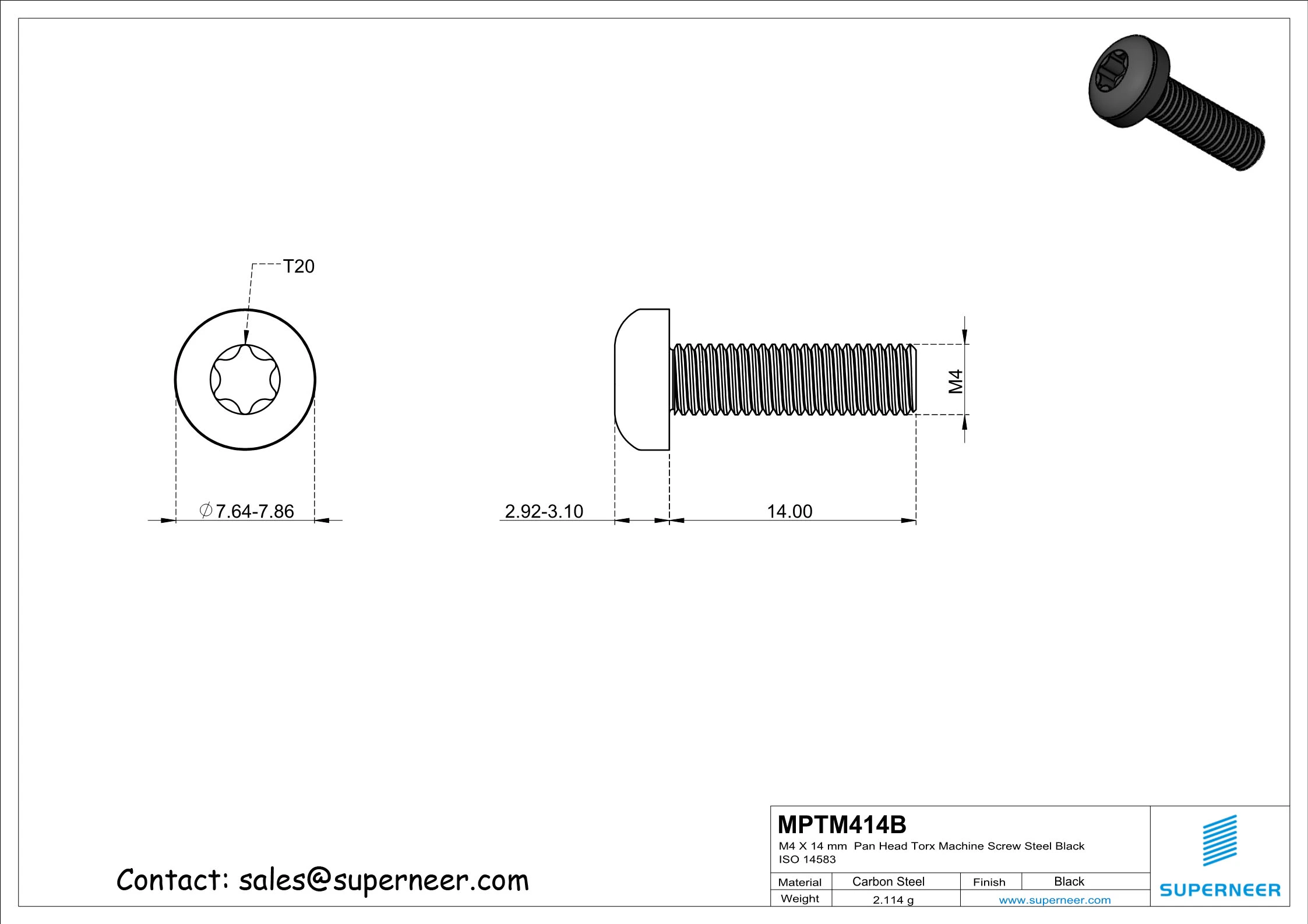 M4 x 14 mm Pan Head Torx Machine Screw Steel Black ISO 14583