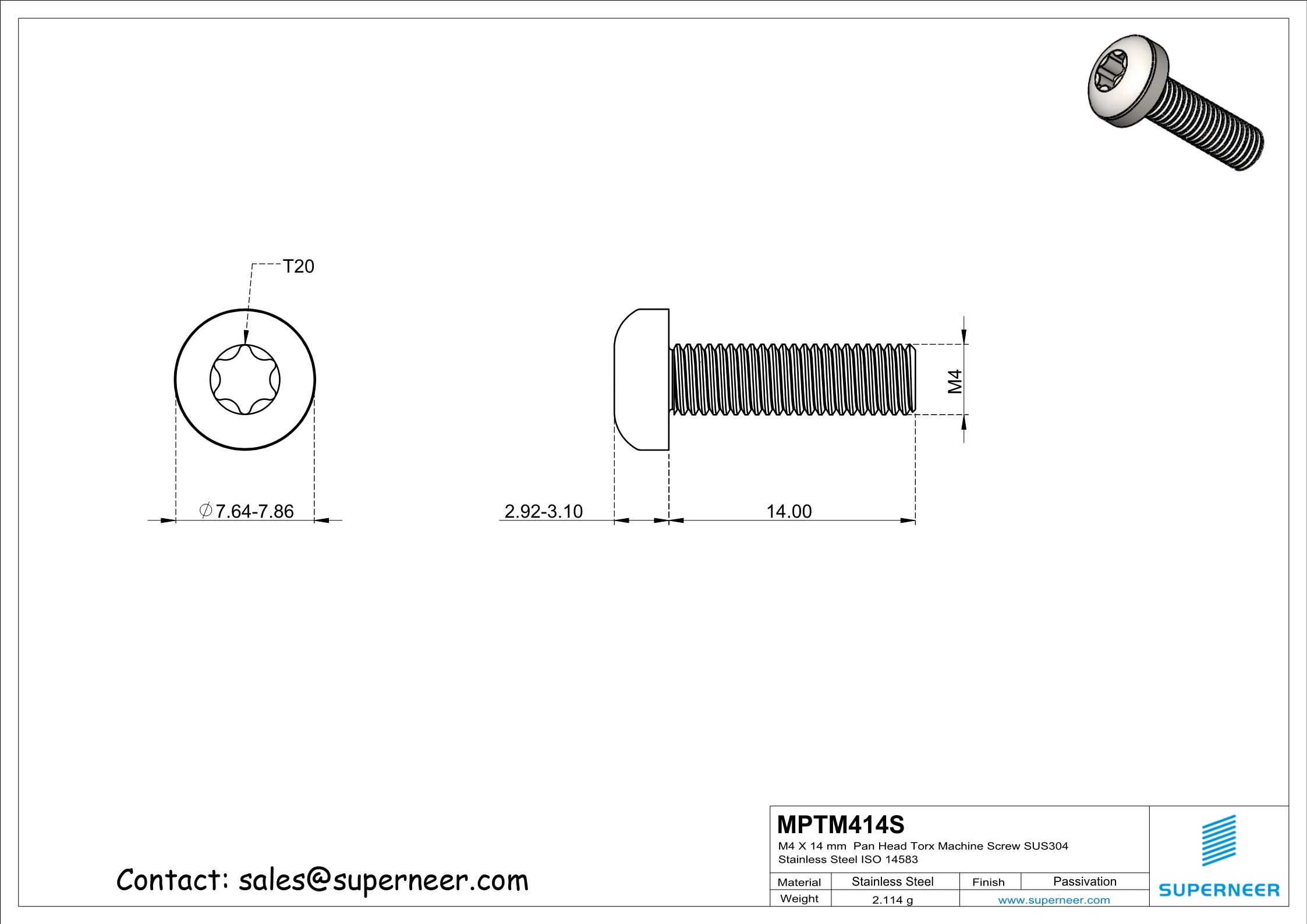 M4 x 14 mm  Pan Head Torx Machine Screw SUS304 Stainless Steel Inox ISO 14583