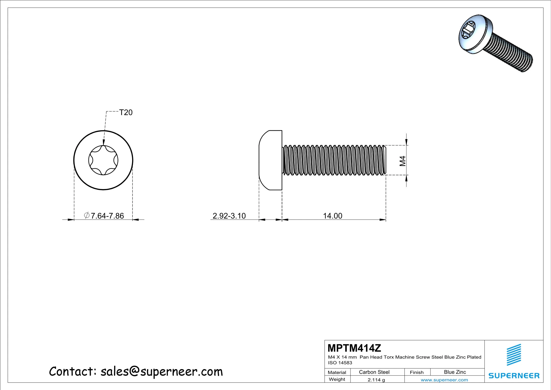 M4 x 14 mm Pan Head Torx Machine Screw Steel Blue Zinc Plated ISO 14583