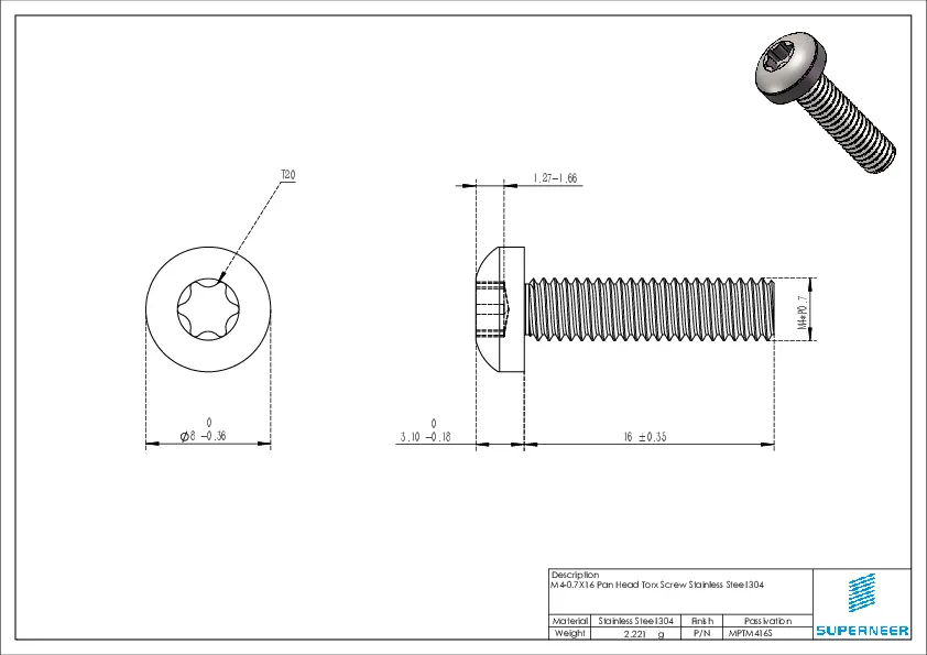 M4 x 16 mm Pan Head Torx Drive Machine Screw SUS304 Stainless Steel Inox 