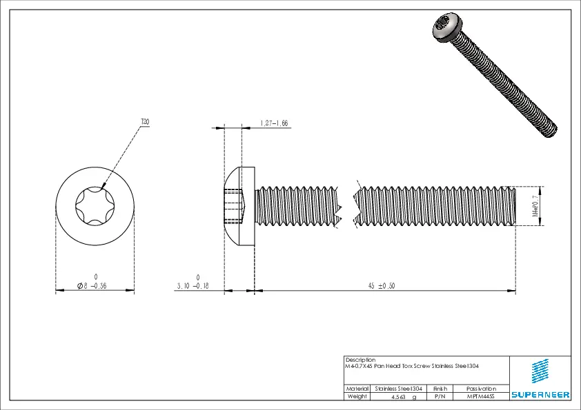 M4 x 45 mm Pan Head Torx Drive Machine Screw SUS304 Stainless Steel Inox 