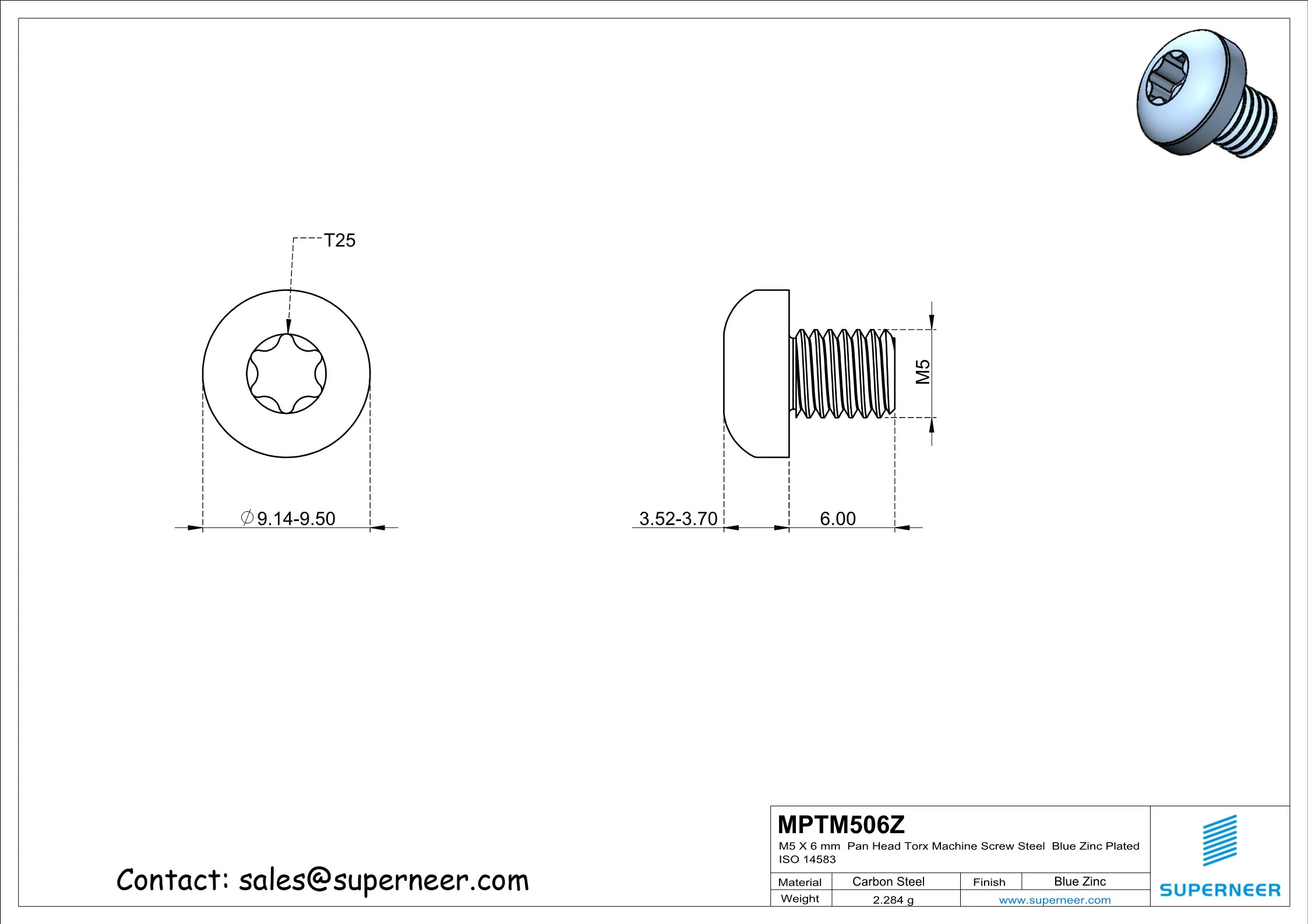 M5 x 6 mm Pan Head Torx Machine Screw Steel Blue Zinc Plated ISO 14583