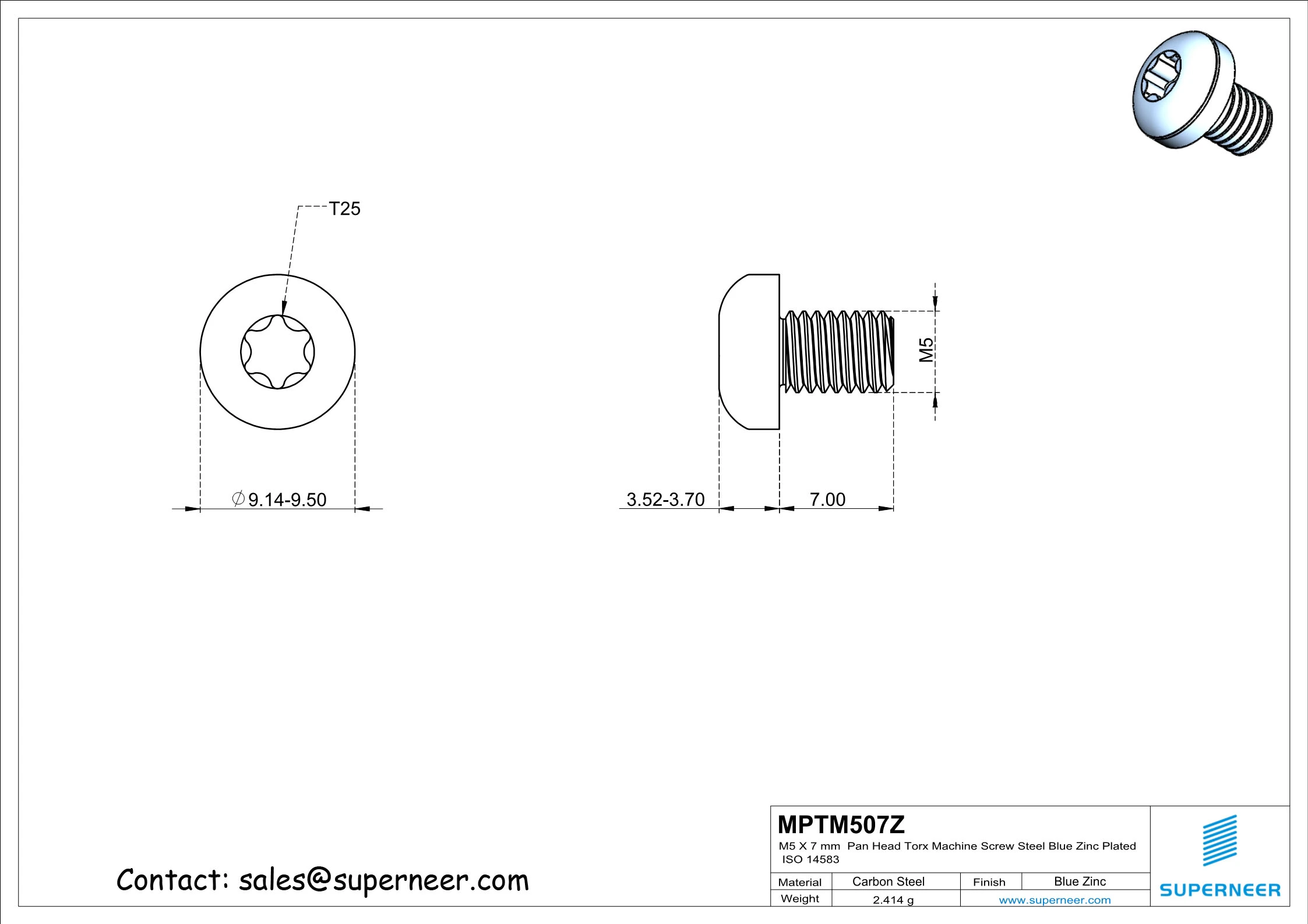 M5 x 7 mm Pan Head Torx Machine Screw Steel Blue Zinc Plated ISO 14583
