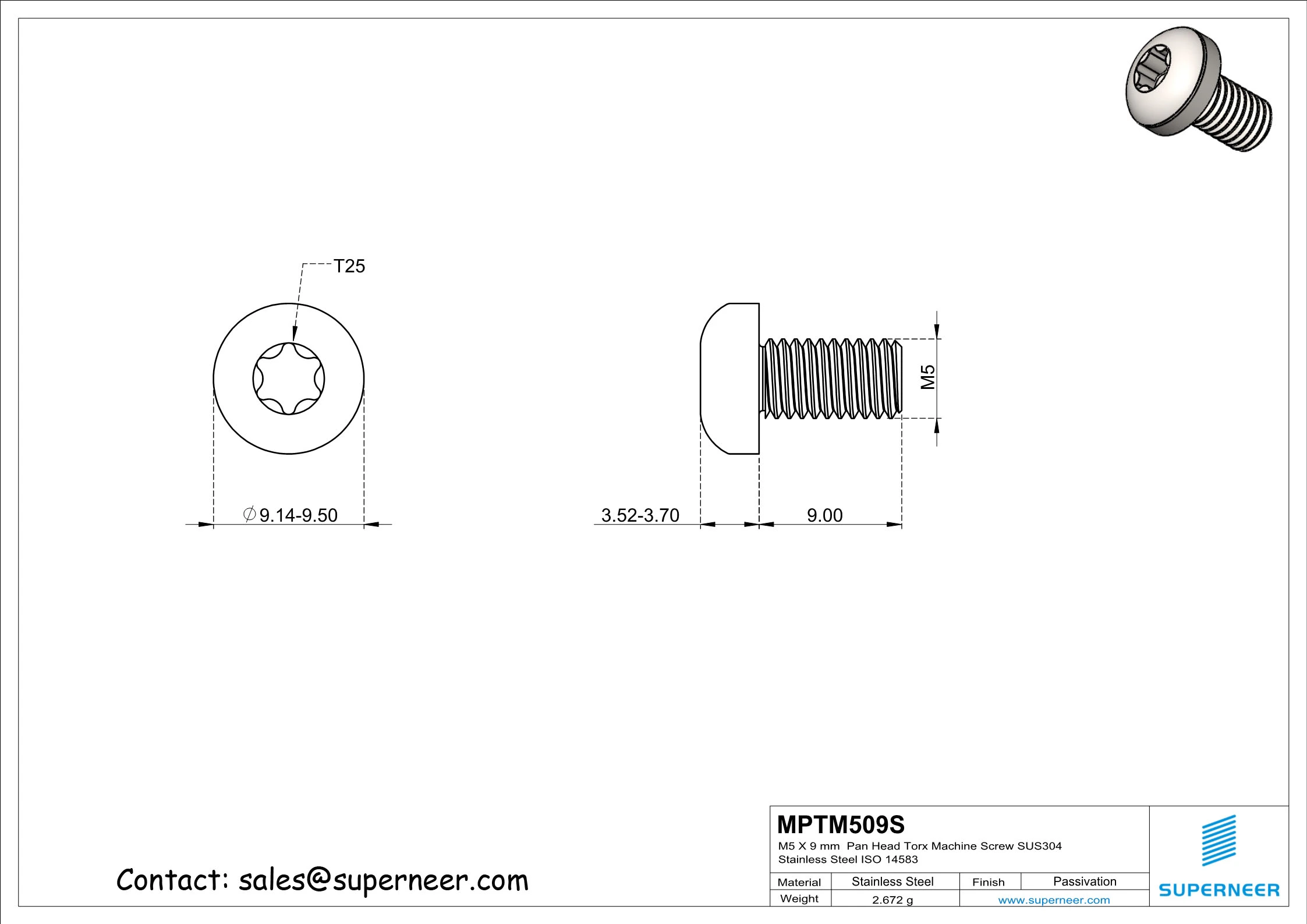 M5 x 9 mm  Pan Head Torx Machine Screw SUS304 Stainless Steel Inox ISO 14583