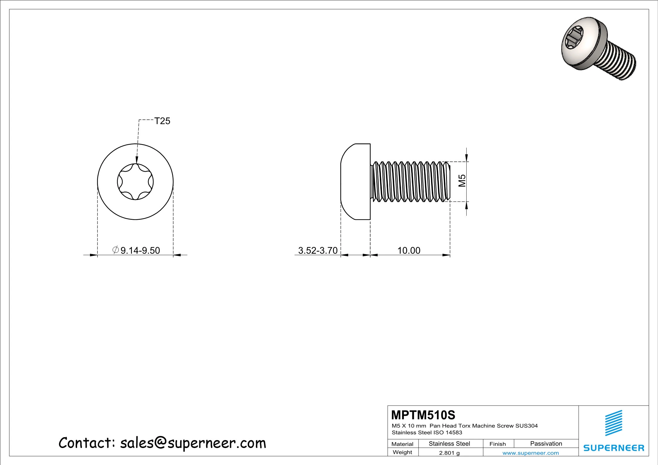 M5 x 10 mm  Pan Head Torx Machine Screw SUS304 Stainless Steel Inox ISO 14583