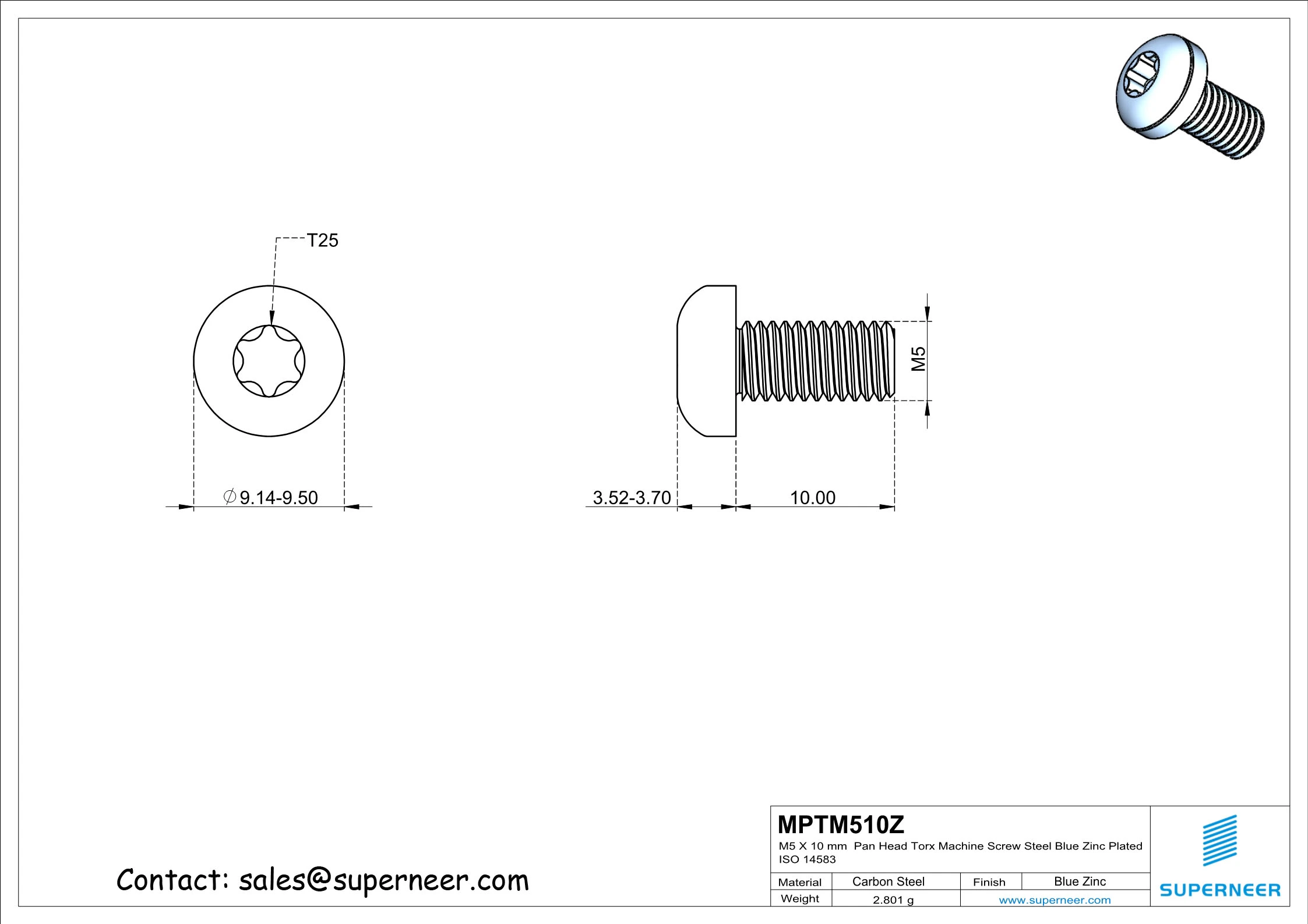 M5 x 10 mm Pan Head Torx Machine Screw Steel Blue Zinc Plated ISO 14583