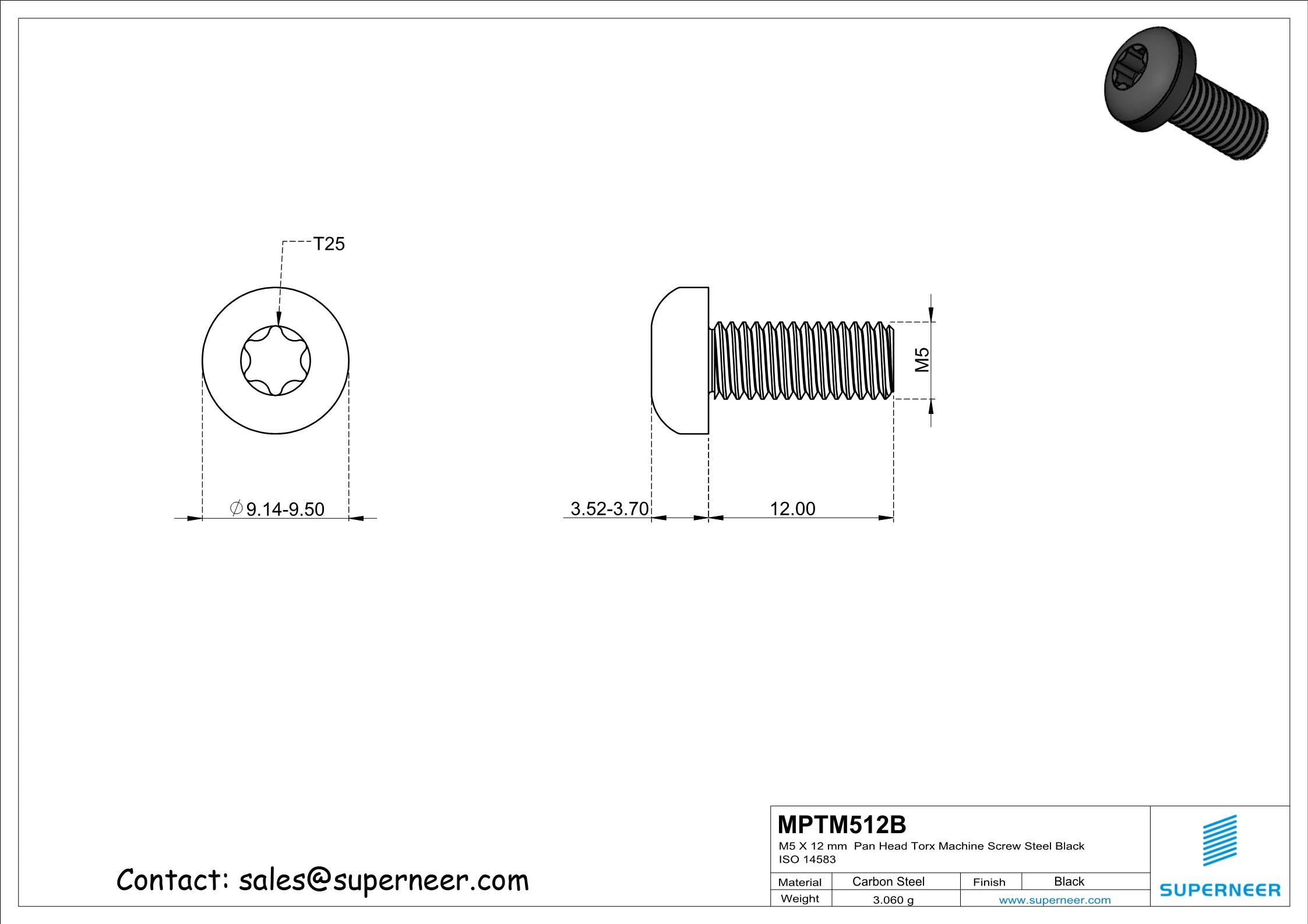 M5 x 12 mm Pan Head Torx Machine Screw Steel Black ISO 14583