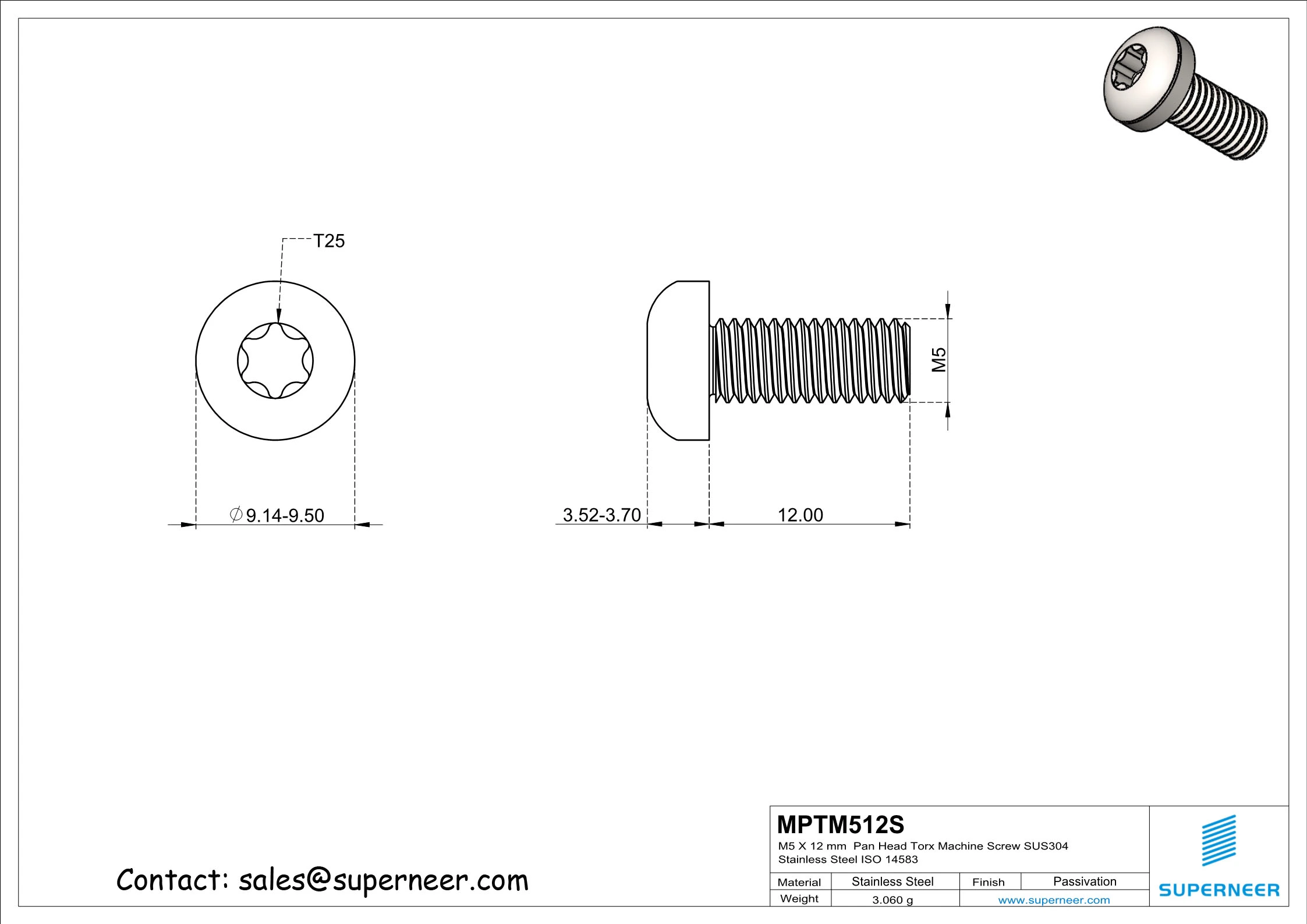 M5 x 12 mm  Pan Head Torx Machine Screw SUS304 Stainless Steel Inox ISO 14583