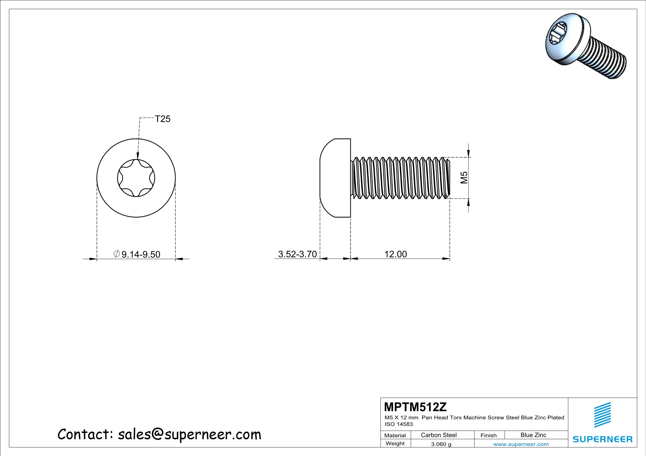 M5 x 12 mm Pan Head Torx Machine Screw Steel Blue Zinc Plated ISO 14583