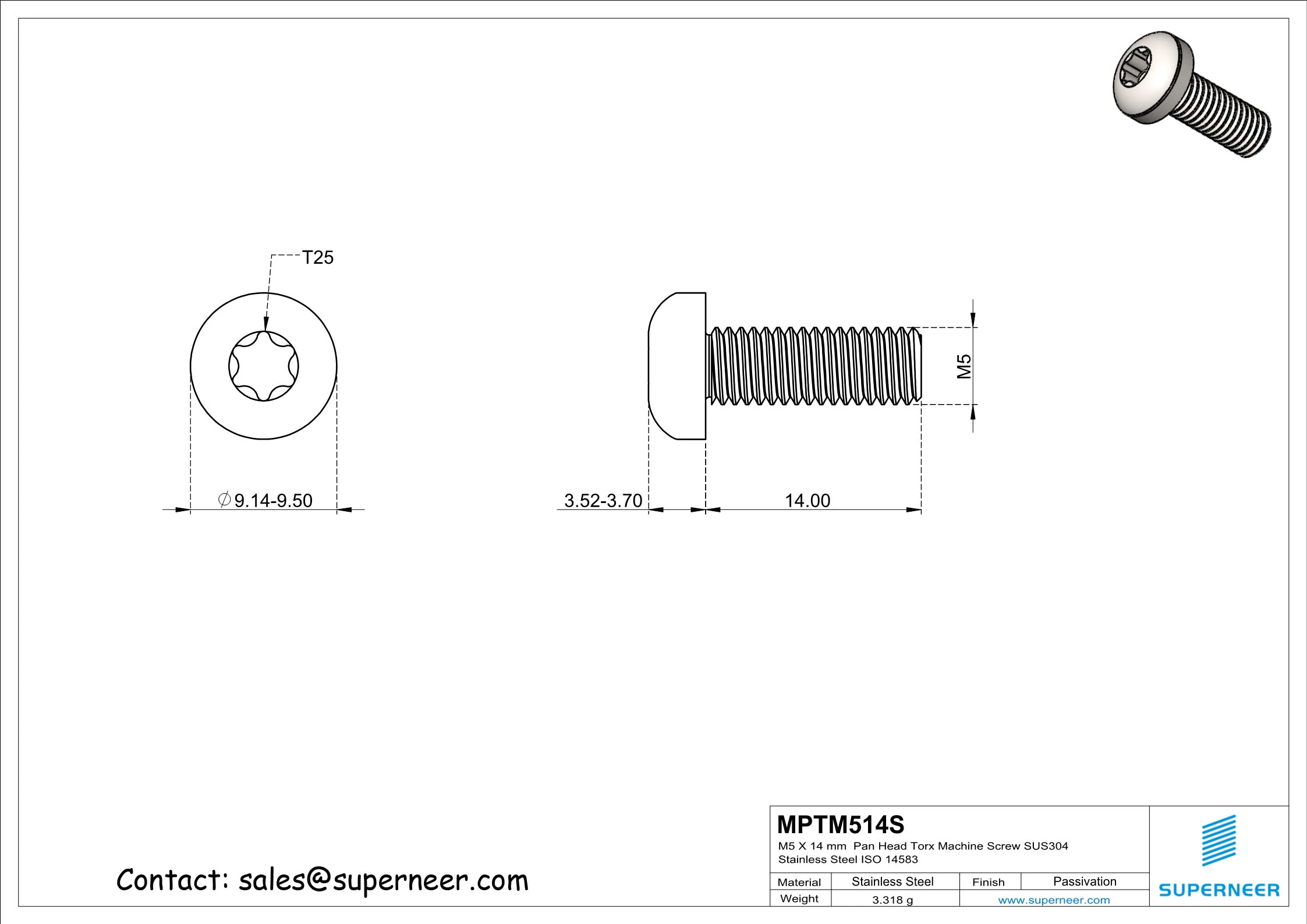 M5 x 14 mm  Pan Head Torx Machine Screw SUS304 Stainless Steel Inox ISO 14583