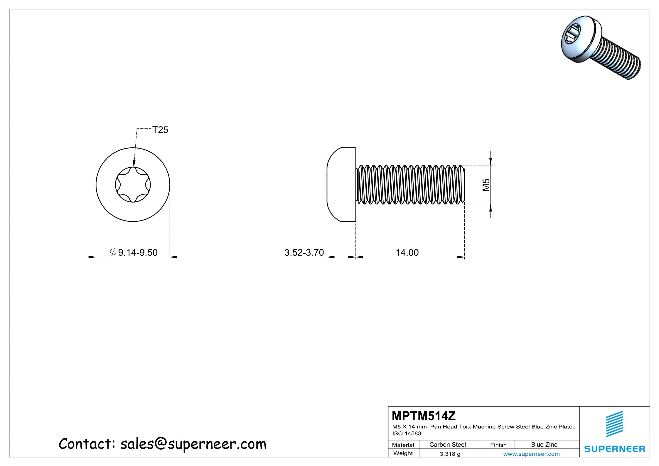 M5 x 14 mm Pan Head Torx Machine Screw Steel Blue Zinc Plated ISO 14583