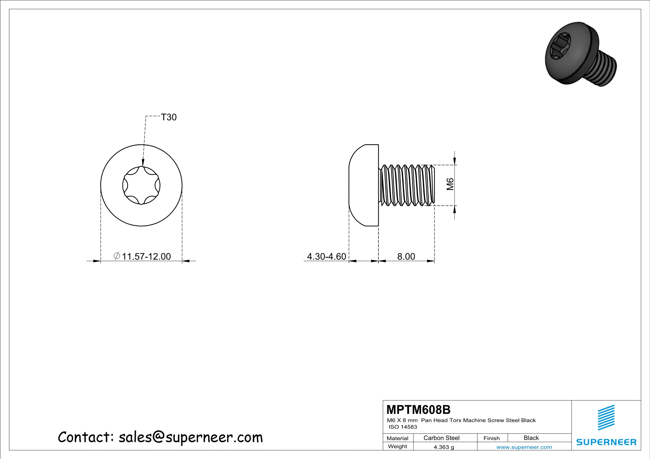 M6 x 8 mm Pan Head Torx Machine Screw Steel Black ISO 14583