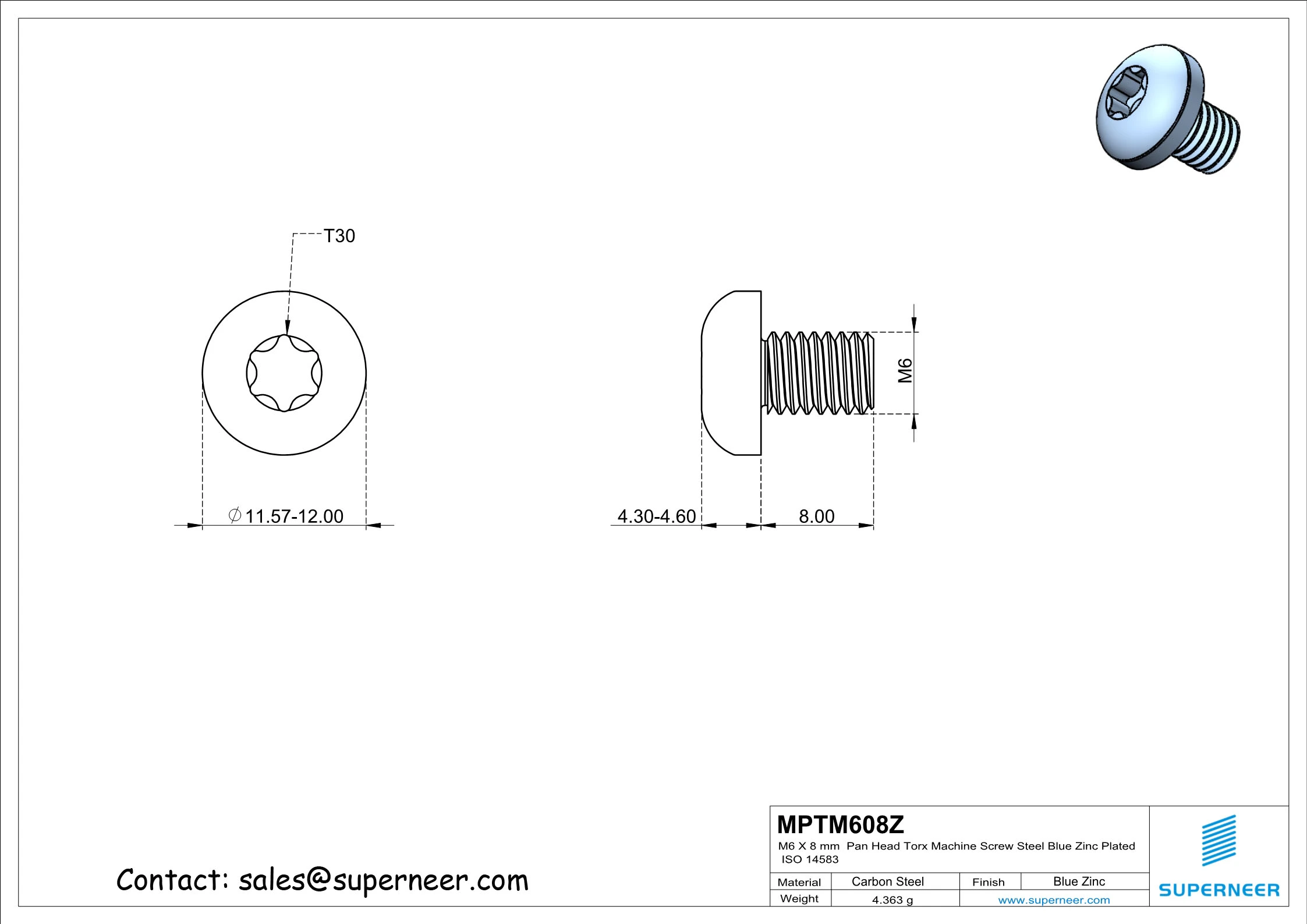 M6 x 8 mm Pan Head Torx Machine Screw Steel Blue Zinc Plated ISO 14583