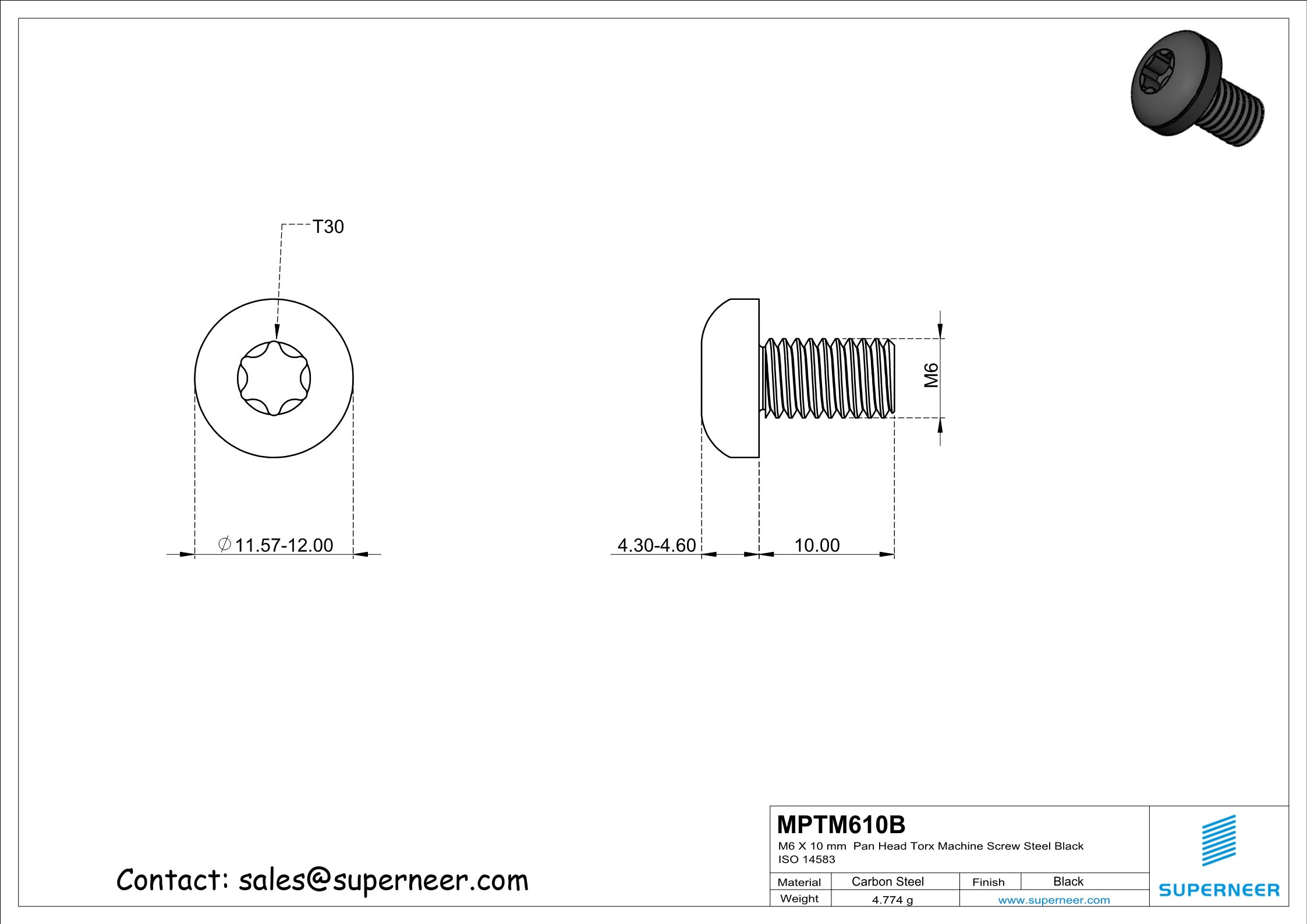 M6 x 10 mm Pan Head Torx Machine Screw Steel Black ISO 14583