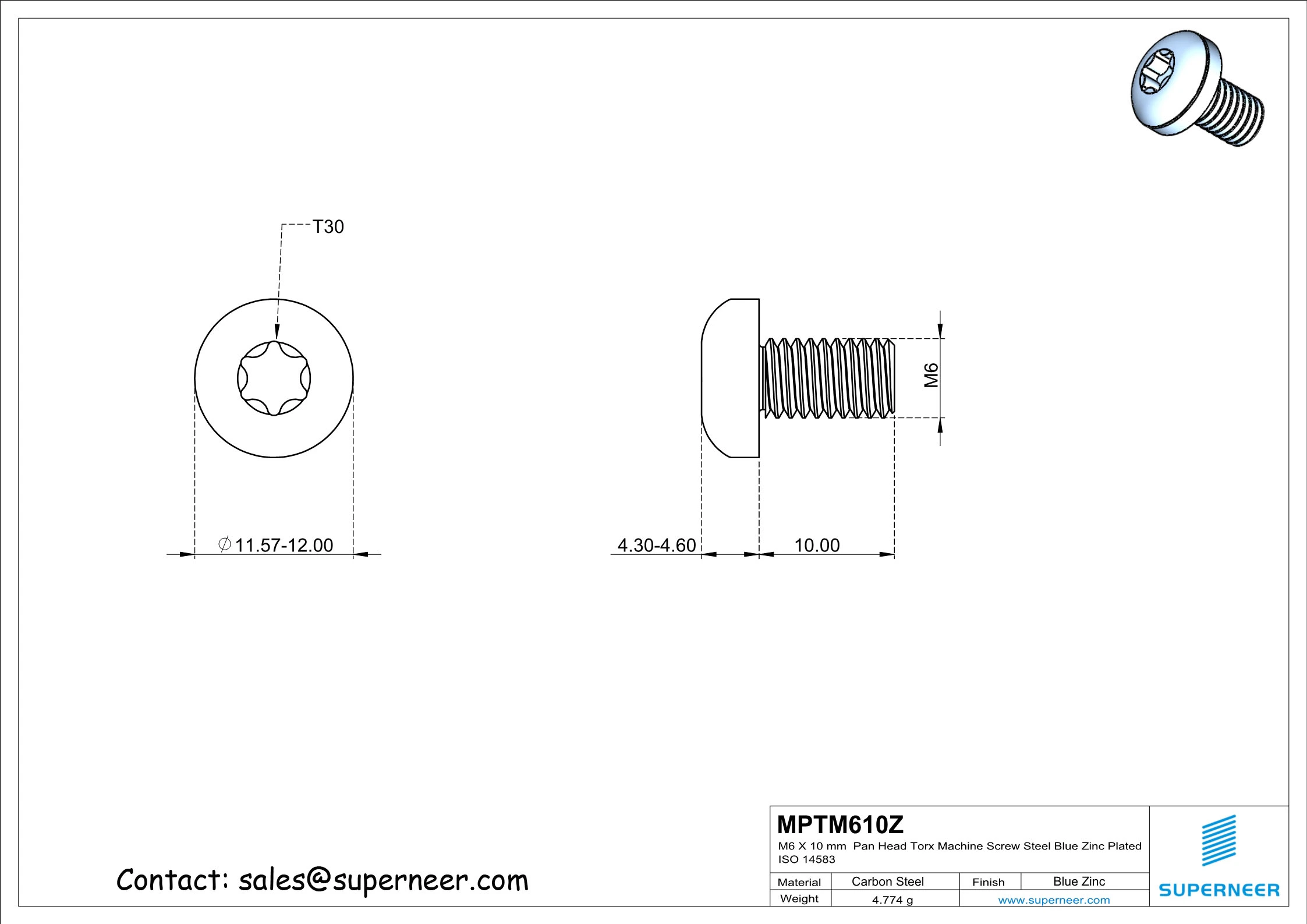 M6 x 10 mm Pan Head Torx Machine Screw Steel Blue Zinc Plated ISO 14583