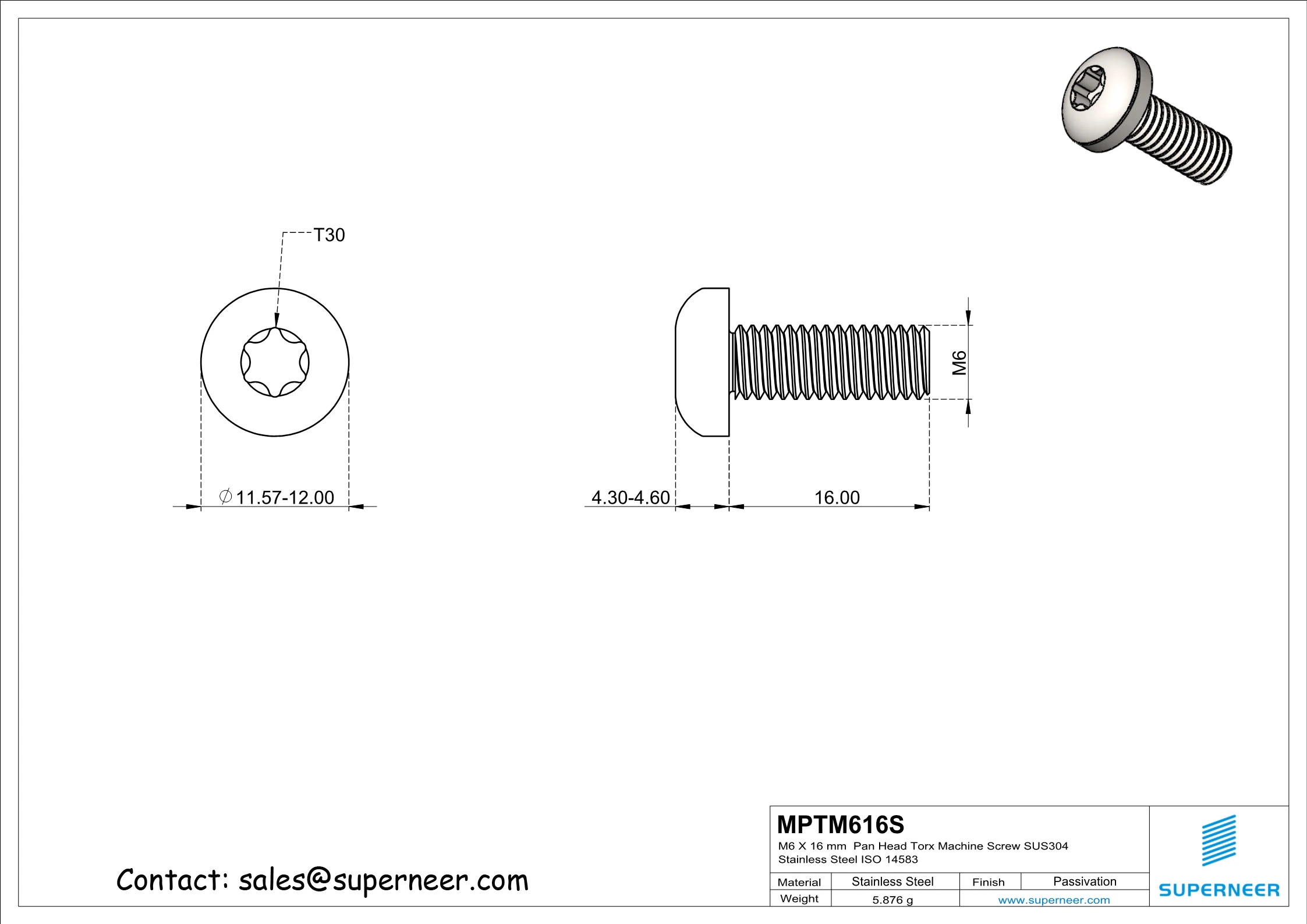 M6 x 16 mm  Pan Head Torx Machine Screw SUS304 Stainless Steel Inox ISO 14583